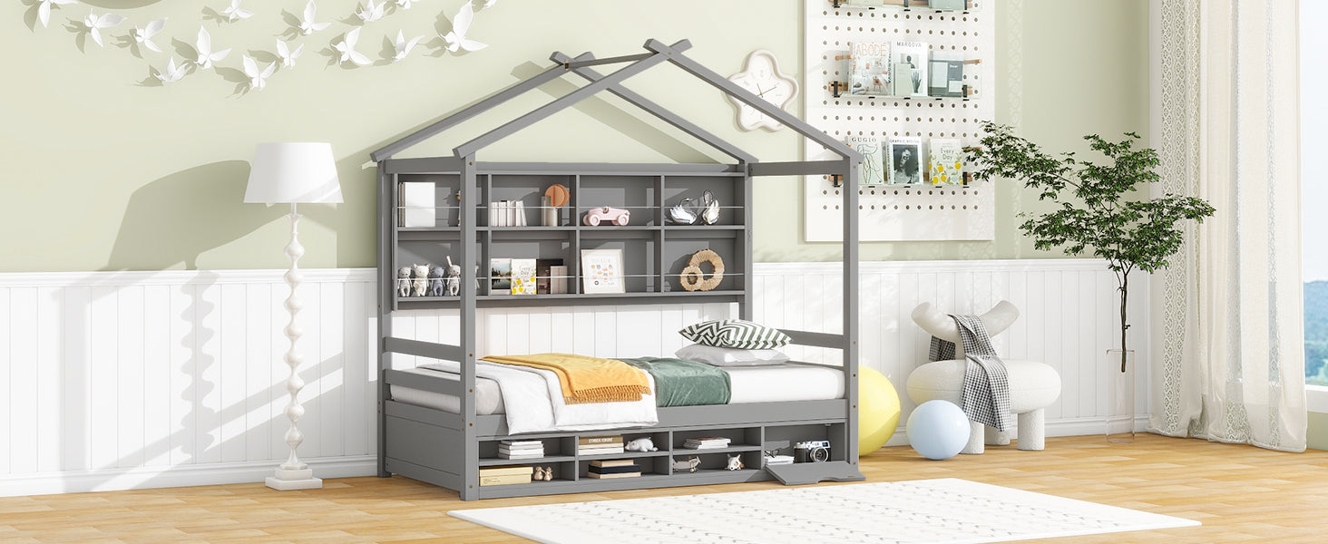 Twin House Bed With Roof Frame, Bedside Shelves, Under Bed Storage Unit,Grey Twin Grey American Design Pine