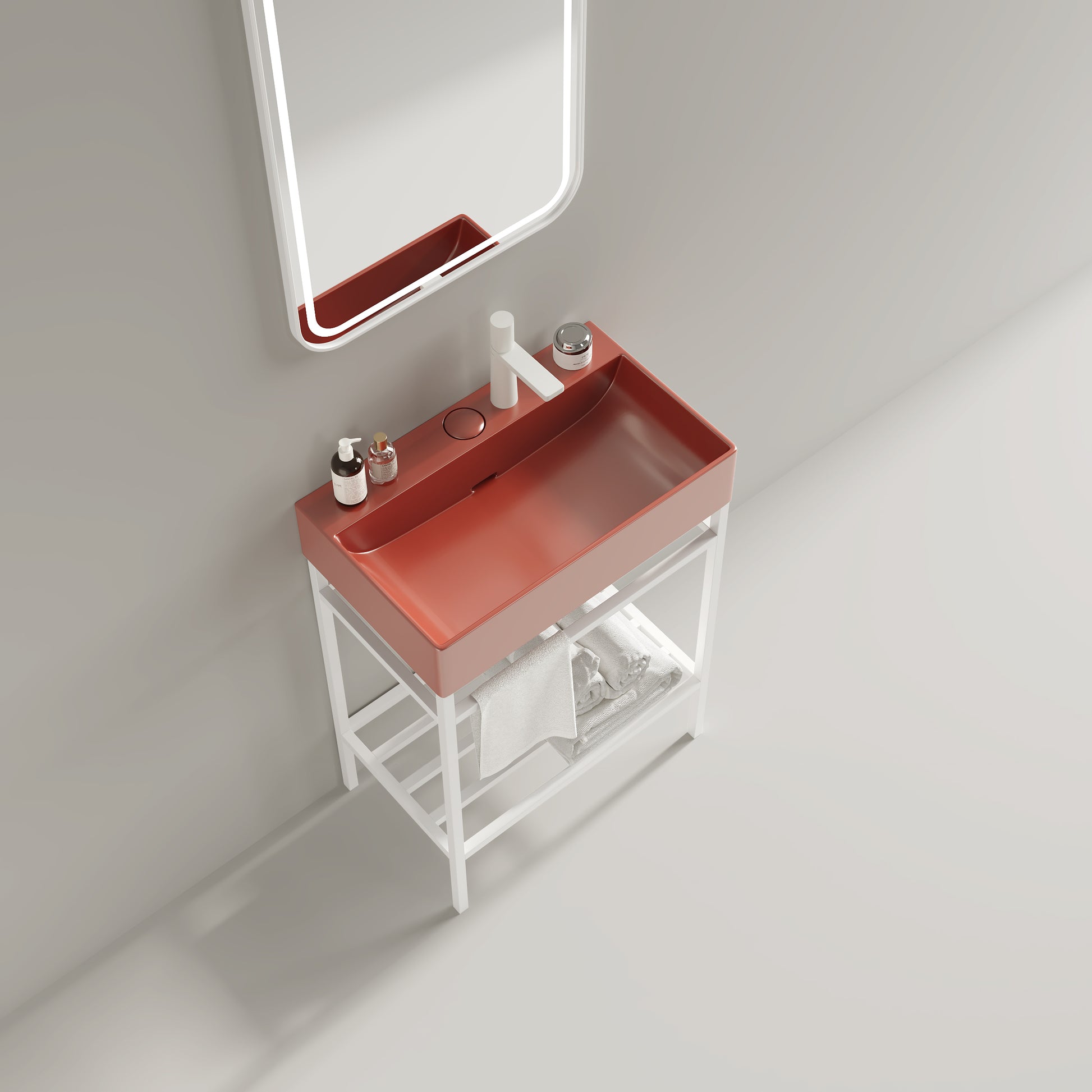 Lofi 24" Bathroom Vanity With Ceramic Basin, Freestanding Bathroom Console Sink Set, Glossy Red Rectangular Ceramic Basin Without Faucet, Open Metal Leg, Storage Shelves, White White Red Bathroom