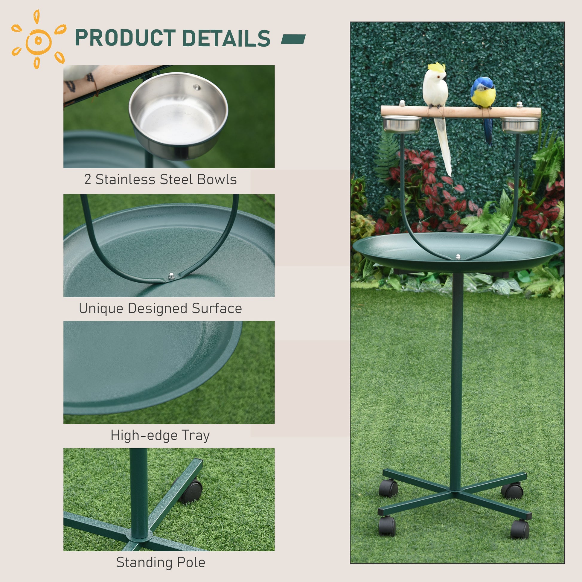 Pawhut 48" Rolling T Stand Bird Training Activity Playground With Perch Green Steel