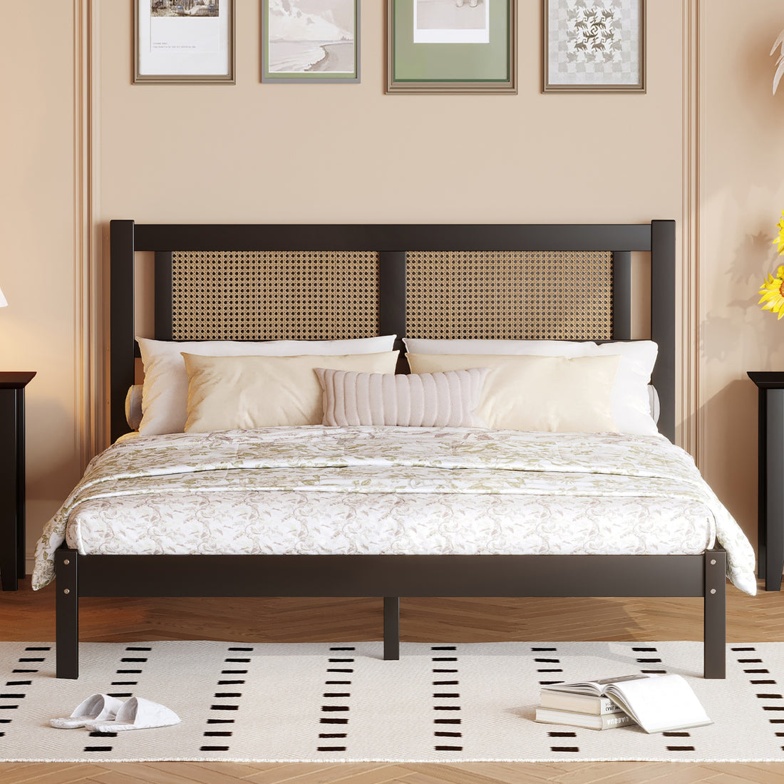 Queen Size Wooden Platform Bed With Natural Rattan Headboard, Exquisite Elegance With Minimalist Charm For Bedroom, Black Black Particle Board