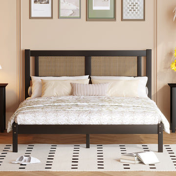 Queen Size Wooden Platform Bed With Natural Rattan Headboard, Exquisite Elegance With Minimalist Charm For Bedroom, Black Black Particle Board