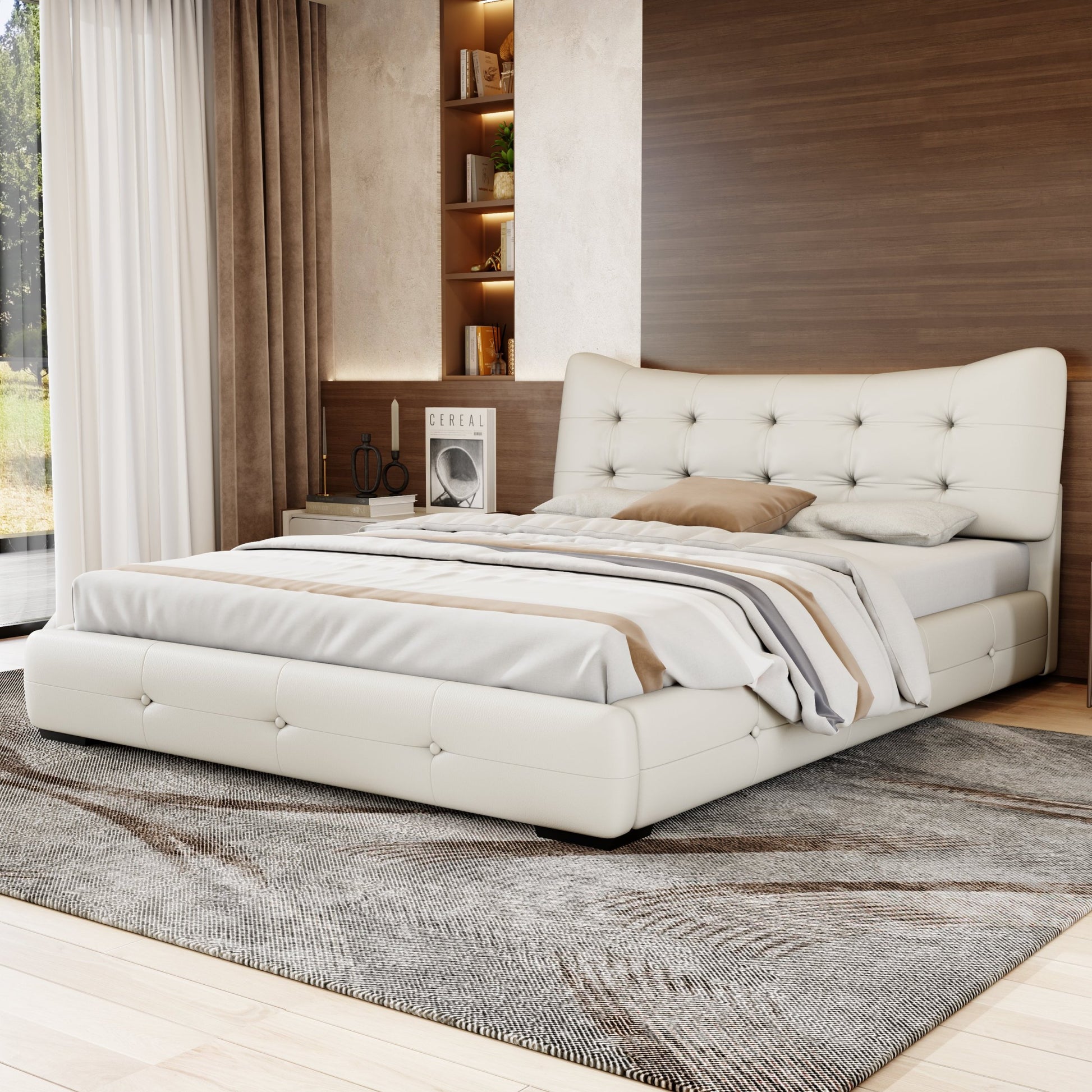Modern Pu Upholstered Queen Bed With Ergonomic Wingback Headboard, No Box Spring Needed, Cream Box Spring Not Required Queen Cream Composite Bedroom Contemporary Bed Frame Pu,Upholstered