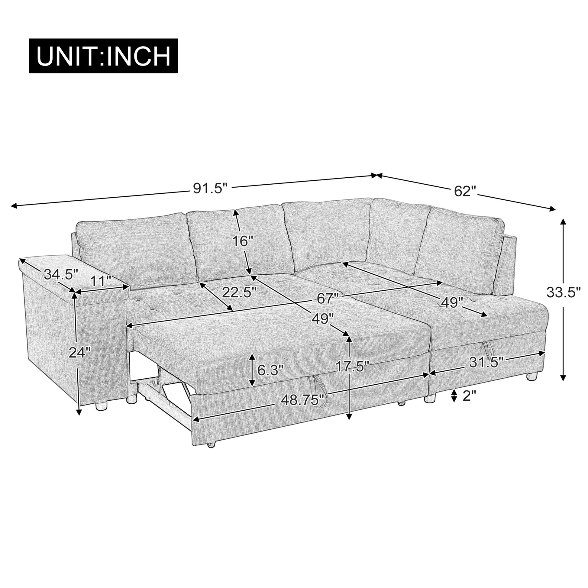 Mirod 91.5 Inch L Shaped Couch With Pull Out Bed And Storage Sectional Sleeper Sofa With Hidden Storagewide Armrest With Storage,For Living Room, Apartment, Bedroom, Office Light Grey Polyester 3