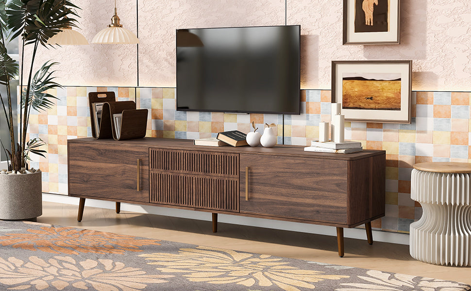 Mid Century Tv Stand With 2 Drawers, Media Console Table For Tvs Up To 80'', Entertainment Center With Storage For Living Room, Bedroom, Home Theatre Walnut Primary Living Space 70 79 Inches 70 79