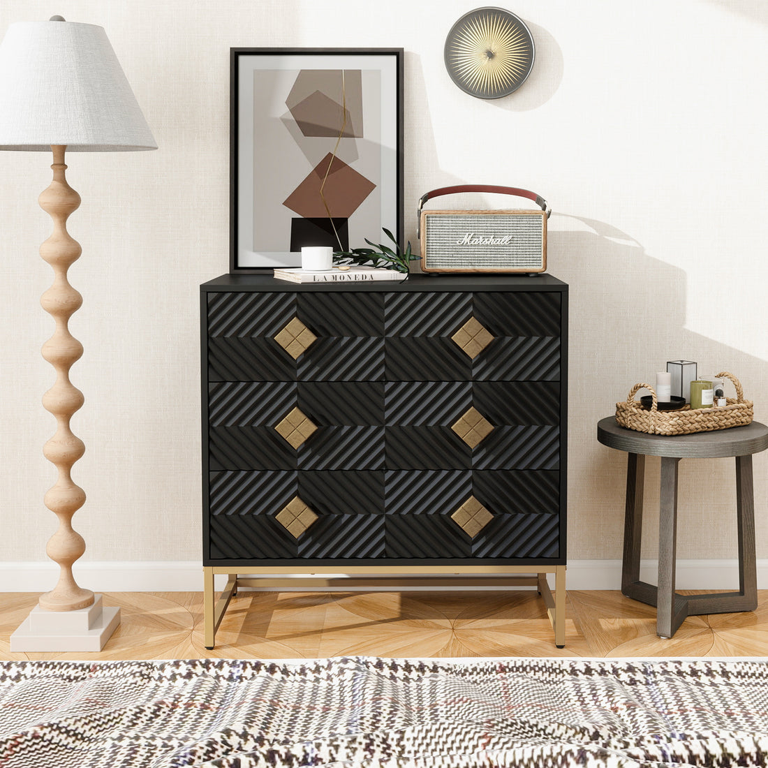 3 Drawer Storage Cabinet,3 Drawer Modern Dresser,Chest Of Drawers With Decorative Embossed Pattern Door For Entryway,Living Room,Bed Room Black Modern Particle Board Mdf