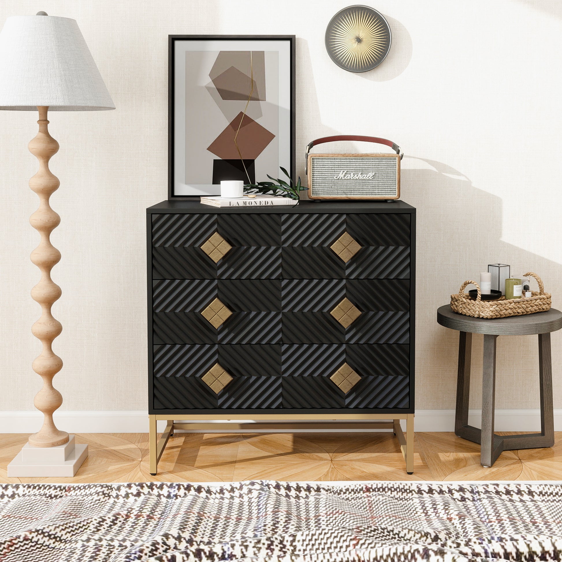 3 Drawer Storage Cabinet,3 Drawer Modern Dresser,Chest Of Drawers With Decorative Embossed Pattern Door For Entryway,Living Room,Bed Room Black Modern Particle Board Mdf