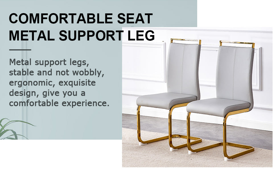 Table And Chair Set.Modern Rectangular Dining Table With Black Textured Stickers Glass Tabletop And Gold Plated Metal Legs.Paried With 6 Comfortable Chairs With Pu Seats And Golden Metal Legs. Gold,Light Gray Seats 6 Glass Metal