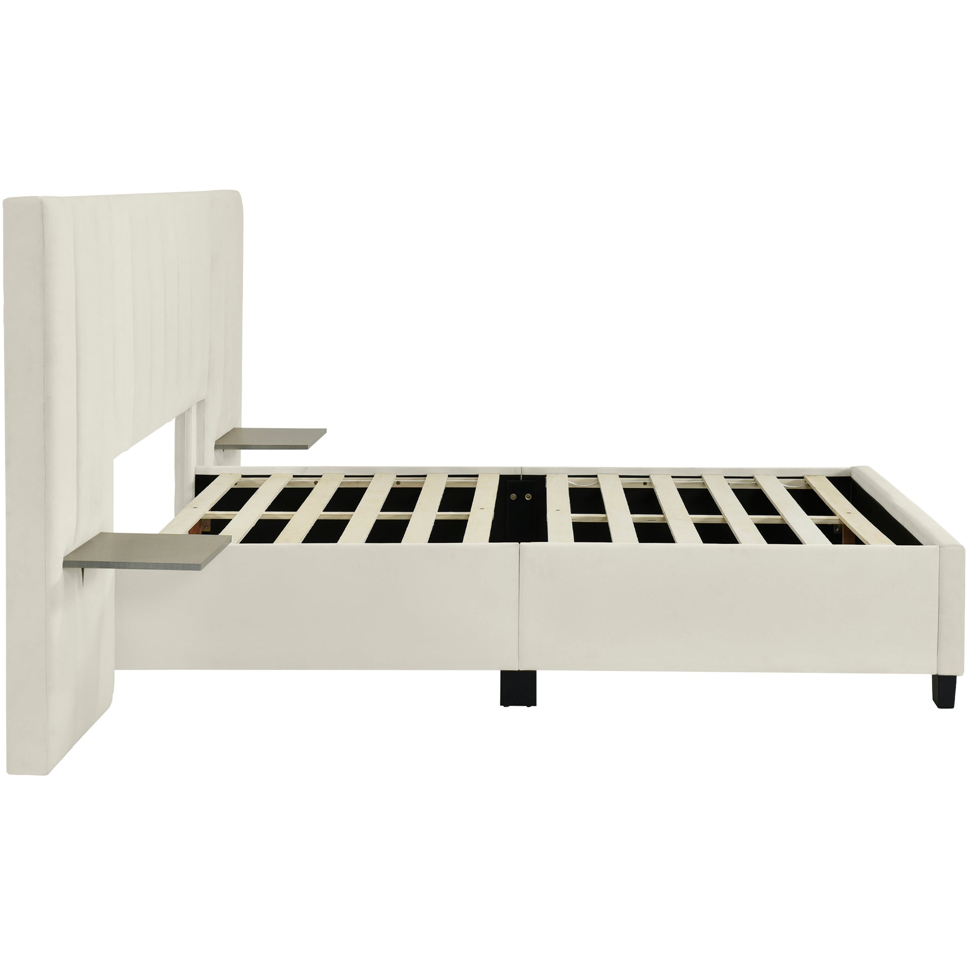 Full Size Upholstered Platform Bed With Big Headboard, Bedroom Furniture, Velvet, Beige Full Beige Plywood