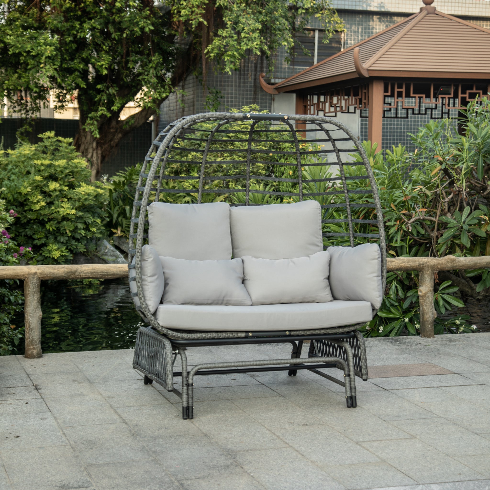 2 Person Swing Egg Chair With Rocking Glide Frame And Cushion Yes Rocker & Glider Brown Gray Rust Resistant Frame Fade Resistant Cushion Garden & Outdoor 2 Person Seating Group Steel