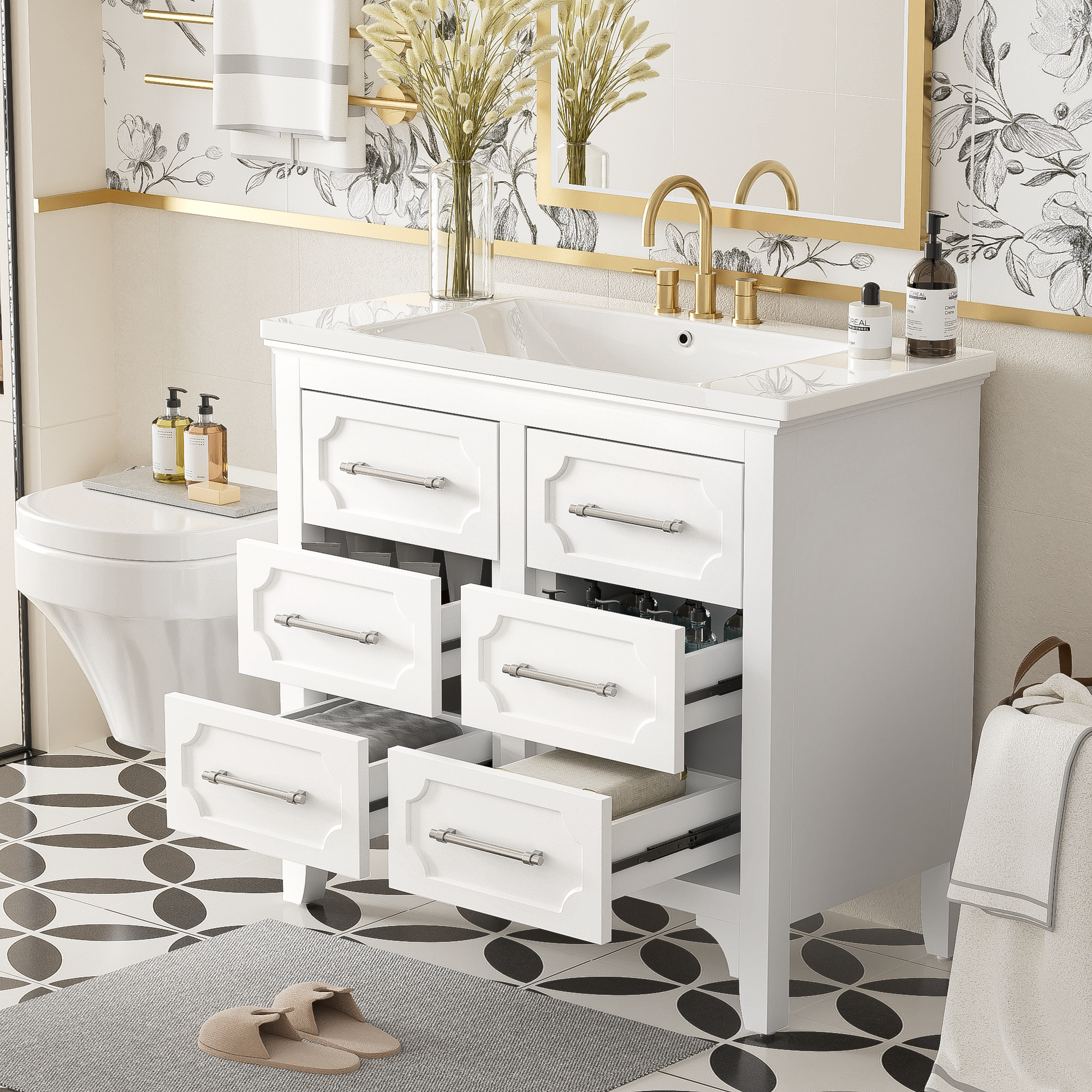 36'' Bathroom Vanity With Resin Sink Combo, Free Standing Single Vanity Set With Four Drawers, Solid Wood Frame Bathroom Storage Cabinet Same As Sw000128Aak White Bathroom Modern Solid Wood Mdf