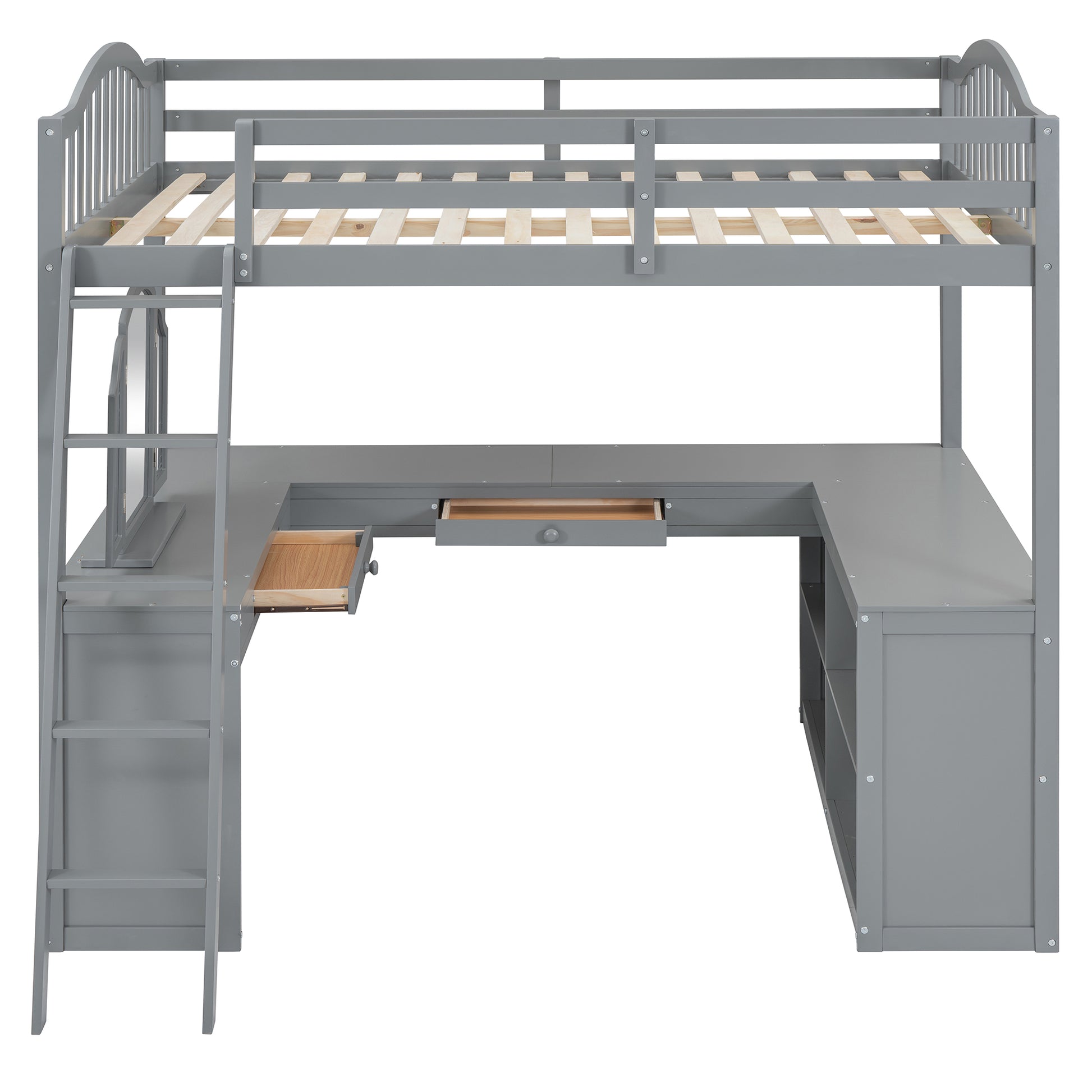 Full Wooden Loft Bed With U Shaped Desk,Storage Compartments And Tri Fold Mirror, Gray Gray Plywood,Solid Wood Mdf