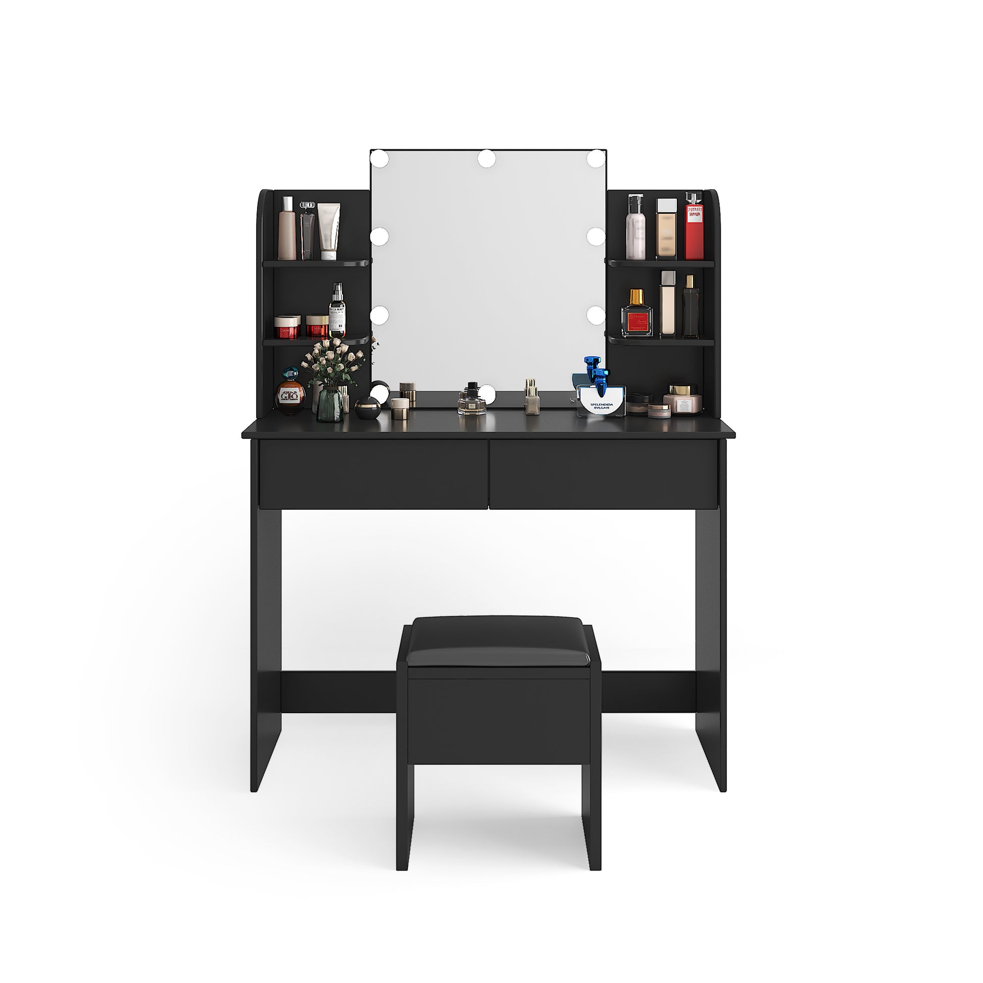 Modern Dressing Table With 2 Drawers, 4 Open Shelves Rectangular Makeup Table With Mirror, 10 Lamp Bulb,42.52*15.75* 52.76Inch,For Bedroom, Black Black Particle Board Mdf