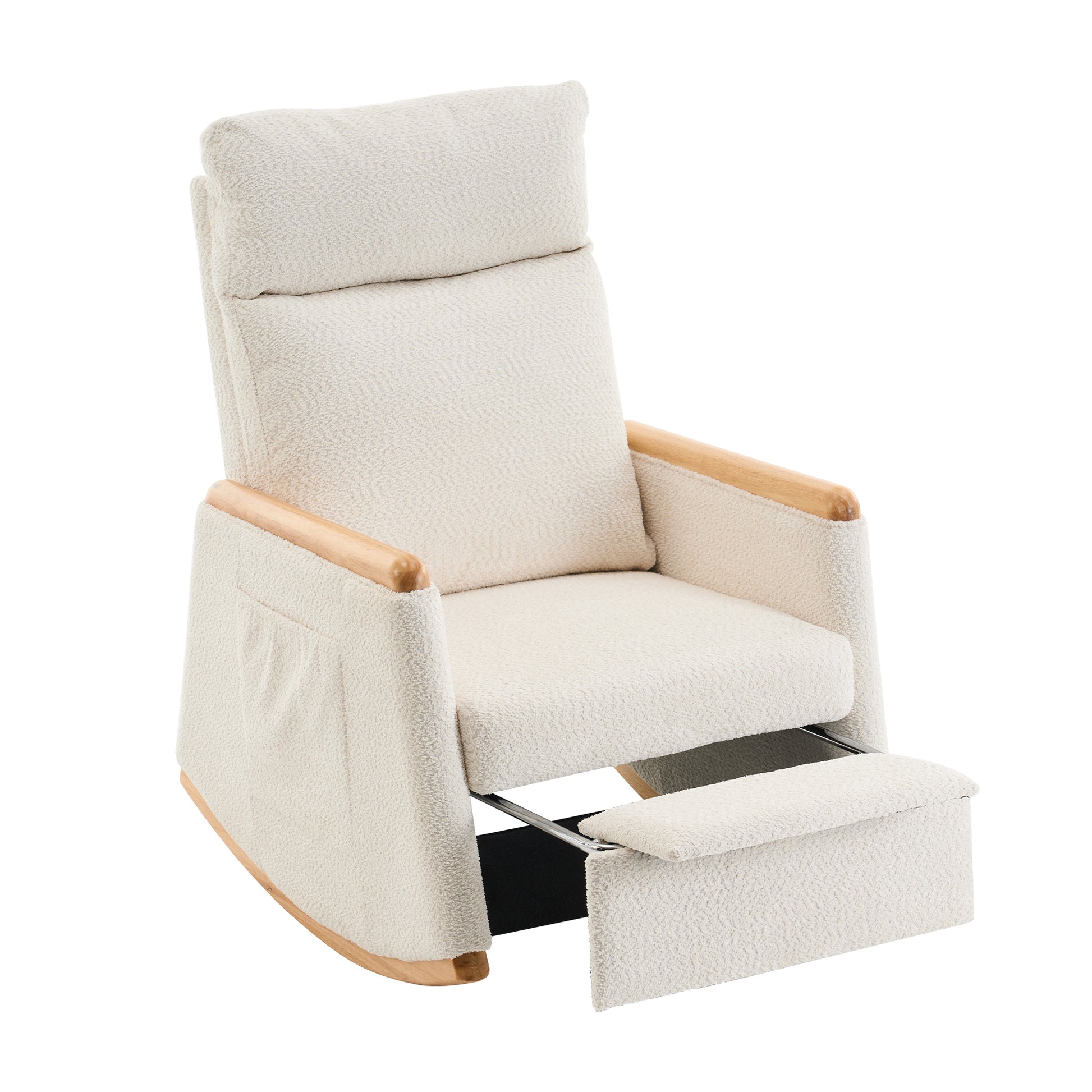 Accent Rocking Chair With Footrest High Back Rubber Wood Rocking Legs Bedroom Living Space 38.6D X 26.8W X 40.6H Inch Beige Wood