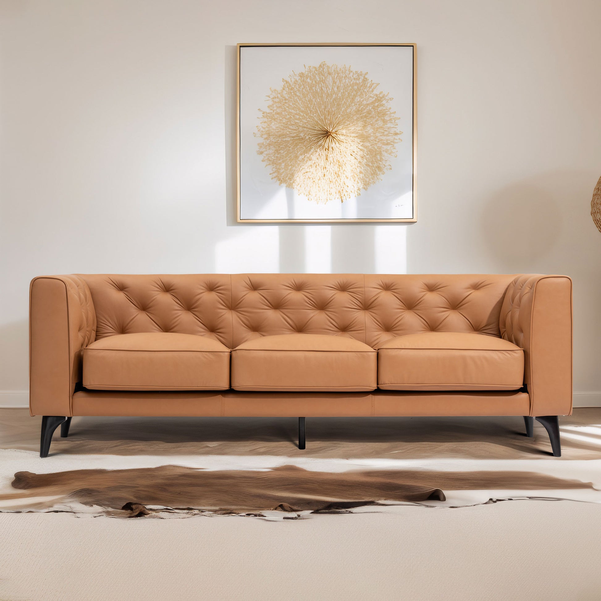 92.52 Inch Genuine Leather Couch 3 Seater Sofa With Tufted Back,Grain Leather Couch With Feather,Down Topper On Seating Surfaces Sofa For Living Room, Comfy Sofa Couch With Extra Deep Seats,Tan Tan Genuine Leather 3 Seat