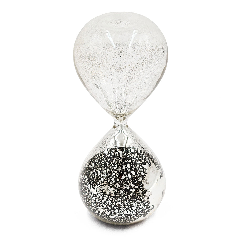 3.2X3.2X8" Peleus 30 Minute Silvered Hourglass, Black Sand Antique Black Glass