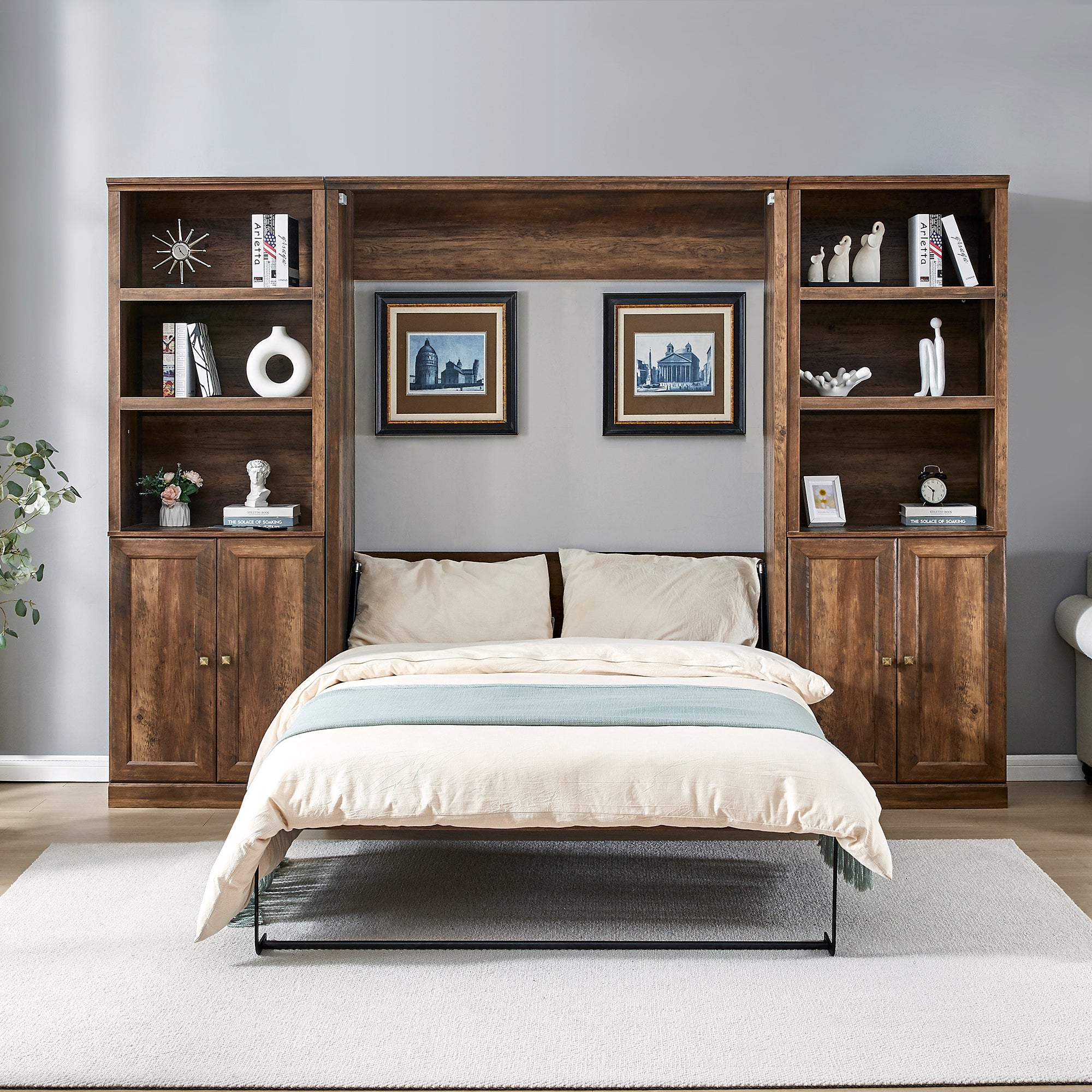 Full Size Half Self Close And Open Murphy Bed With 2 Side Cabinet Storage Shelf, Cabinet Space Saving Bed Perfect For Guest Room, Bed Room, Guest Room, Home Office, Brown Box Spring Not Required Full Brown Wood Brown Pine Murphy Solid Wood Mdf