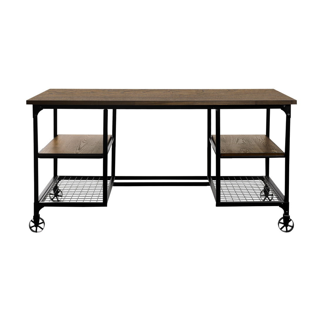 Modern Traditional Aesthetic 1Pc Writing Desk With 4X Shelves Metal Casters Natural Finish And Rustic Black Metal Finish Black,Natural Primary Living Space Shelves Rectangular Engineered Wood,Metal