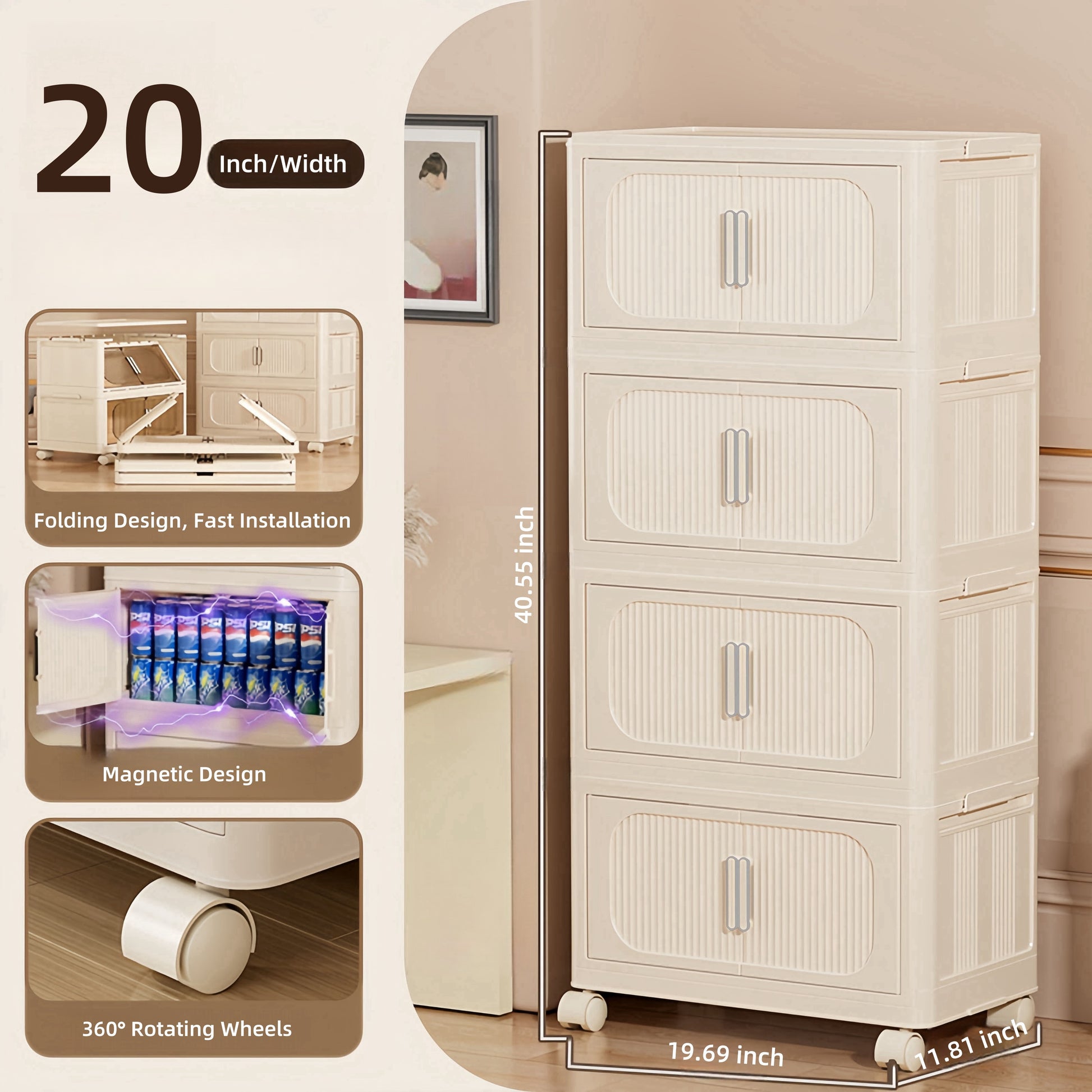 Cream White,19.69" Side Wide Folding Storage Cabinet ,4 Tiers,19.69" 11.81" 40.55",Collapsible Storage Bins With Magnetic Door, Plastic Storage Cabinet With Wheels Cream White Plastic
