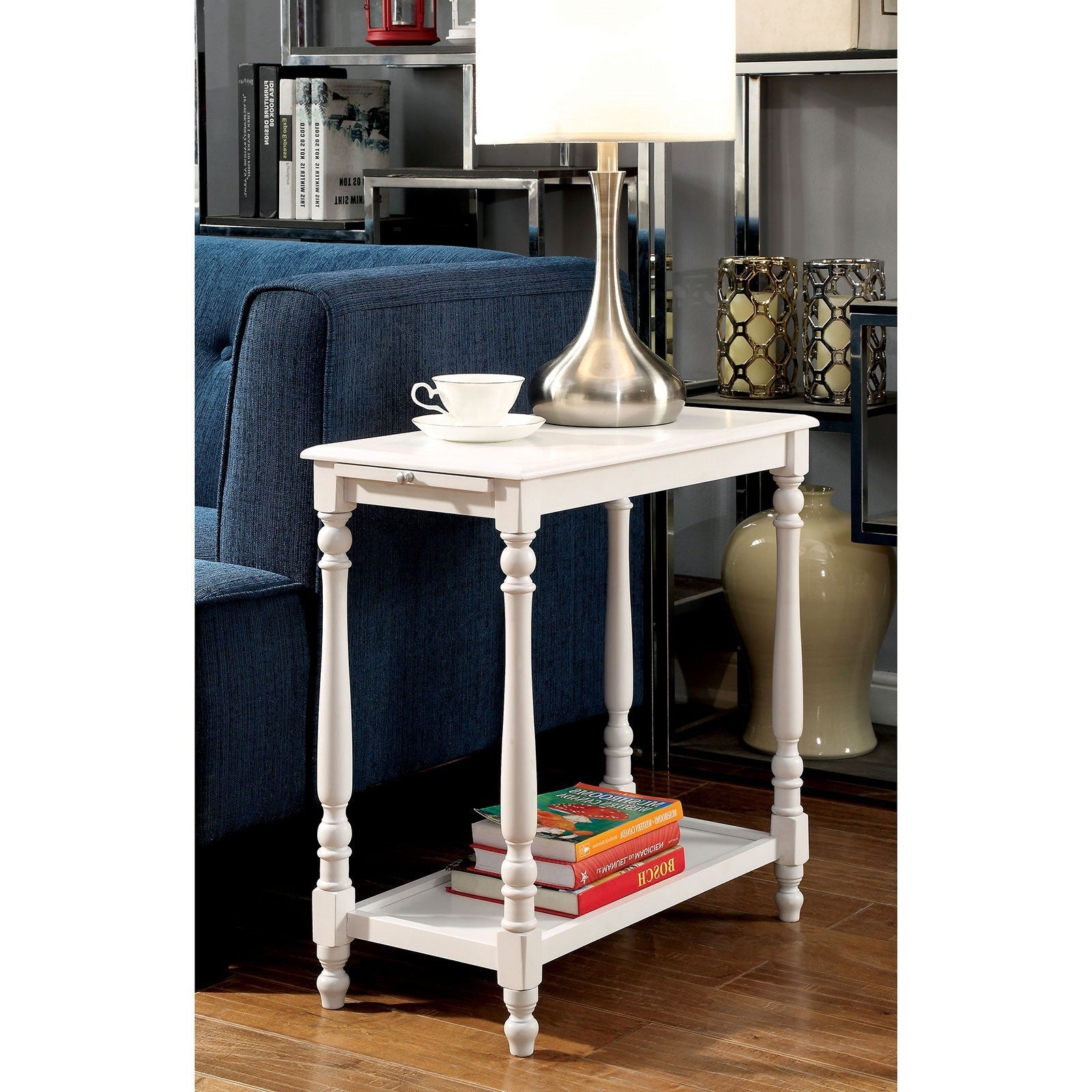 Modern Transitional White 1Pc Side Table Nightstand Hidden Tray Open Shelf Sofa Side Table Turned Legs Multifunctional Home Furniture White White Bedroom Contemporary,Modern,Transitional Open Storage Rectangular Solid Wood