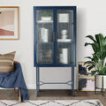 Elegant Floor Cabinet With 2 Glass Doors Living Room Display Cabinet With Adjustable Shelves Anti Tip Dust Free Easy Assembly Blue Color Old Sku:W68766570 Blue Steel