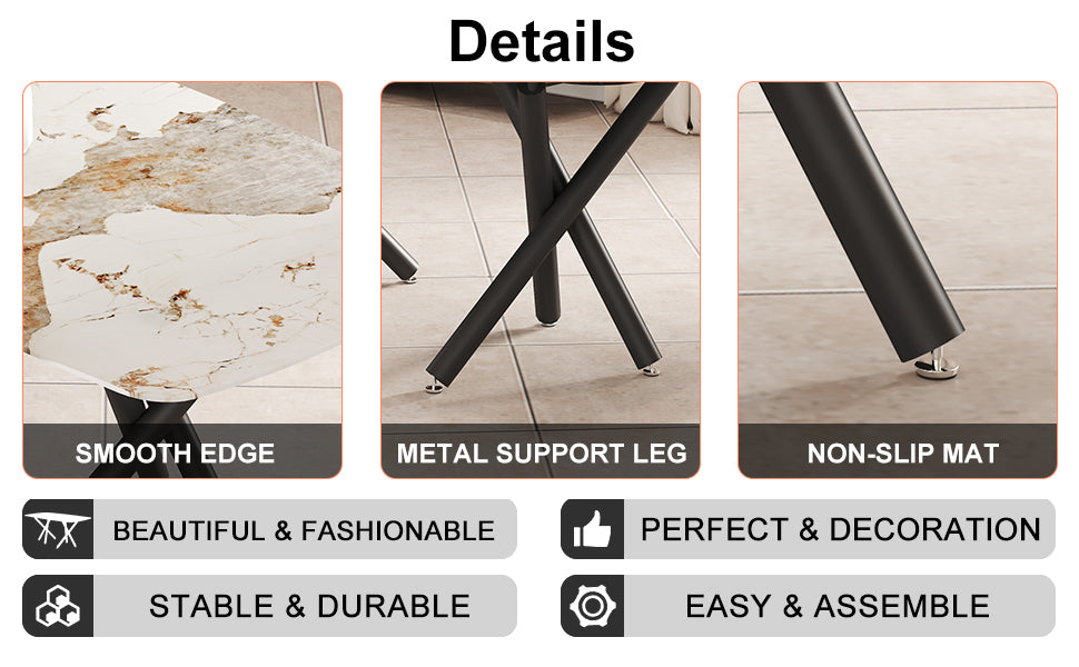 1 Table And 8 Chairs Set.A Rectangular Dining Table With A 0.39 Inch Imitation Marble Tabletop And Black Metal Legs.Paired With 8 Chairs With Pu Leather Seat Cushion And Black Metal Legs.F 1538,C 001 White Black Glass Metal