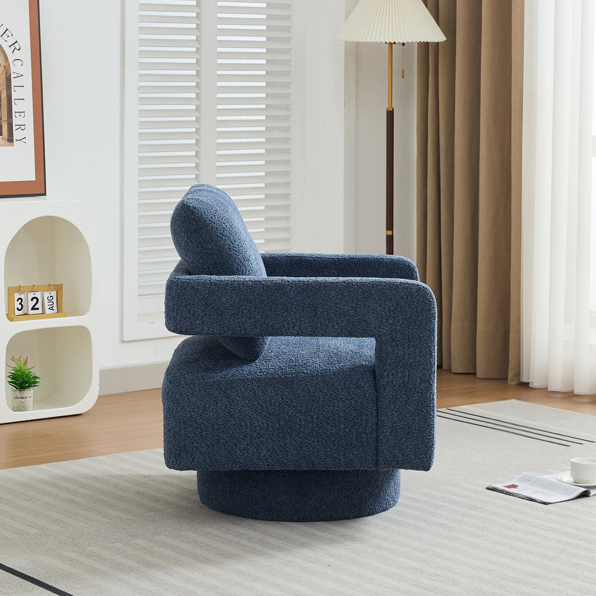 29.13" W Square Swivel Accent Chair, Modern Rotating Arm Chair With Open Back,360 Degree Rotation, Lounge Club Chair With Removable Back Cushion For Living Room, Hotel, Bed Room,Navy Navy Boucle