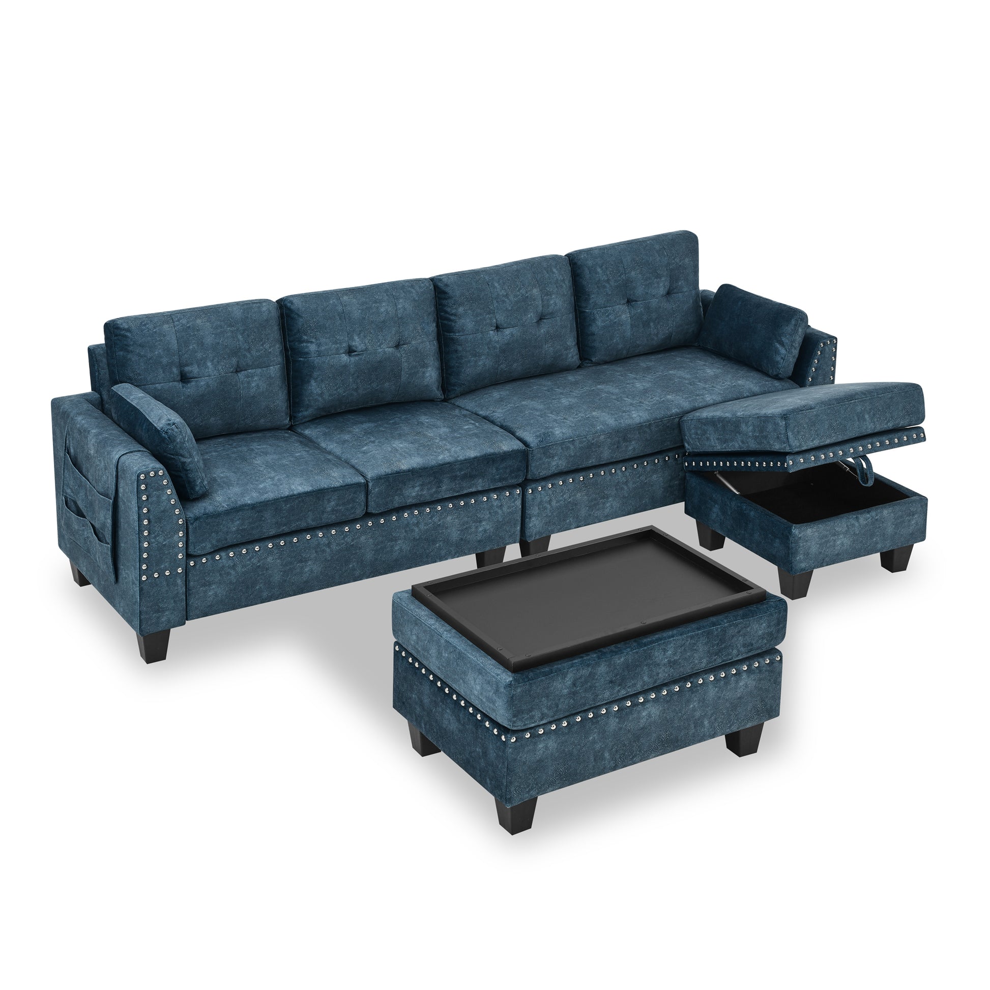 Sectional 3 Seaters Sofa ,Double Sided Multi Functional Footstool, Storage Matnon Slip Leg, Two Pillows, Velvet,Navy Blue Navy Blue Velvet 3 Seat