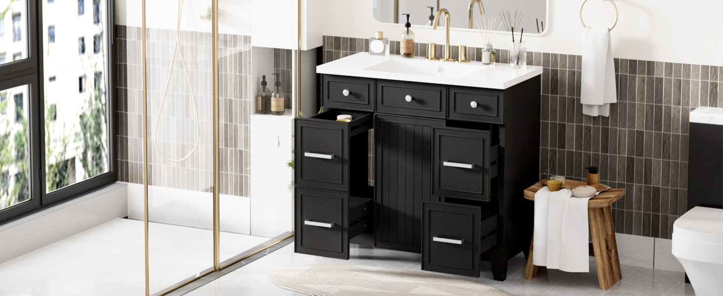 36" Bathroom Vanity Cabinet With Sink Top Combo Setblack ,Single Sink,Shaker Cabinet With Soft Closing Door And 3 Drawers Black Bathroom Solid Wood Mdf Resin