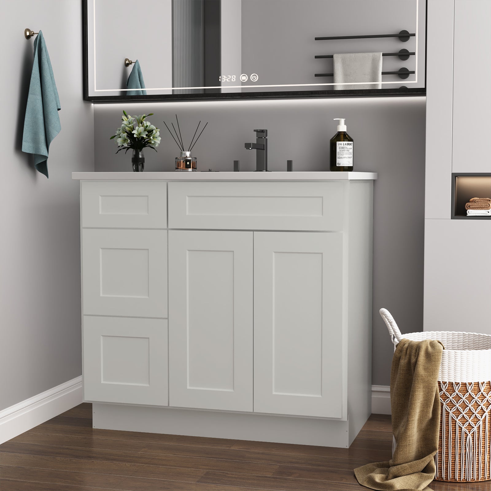 36 In. W X 21 In. D X 34.5 In. H In Shaker Dove Plywood Ready To Assemble Floor Vanity Sink Base Kitchen Cabinet With Left Door Light Gray Plywood