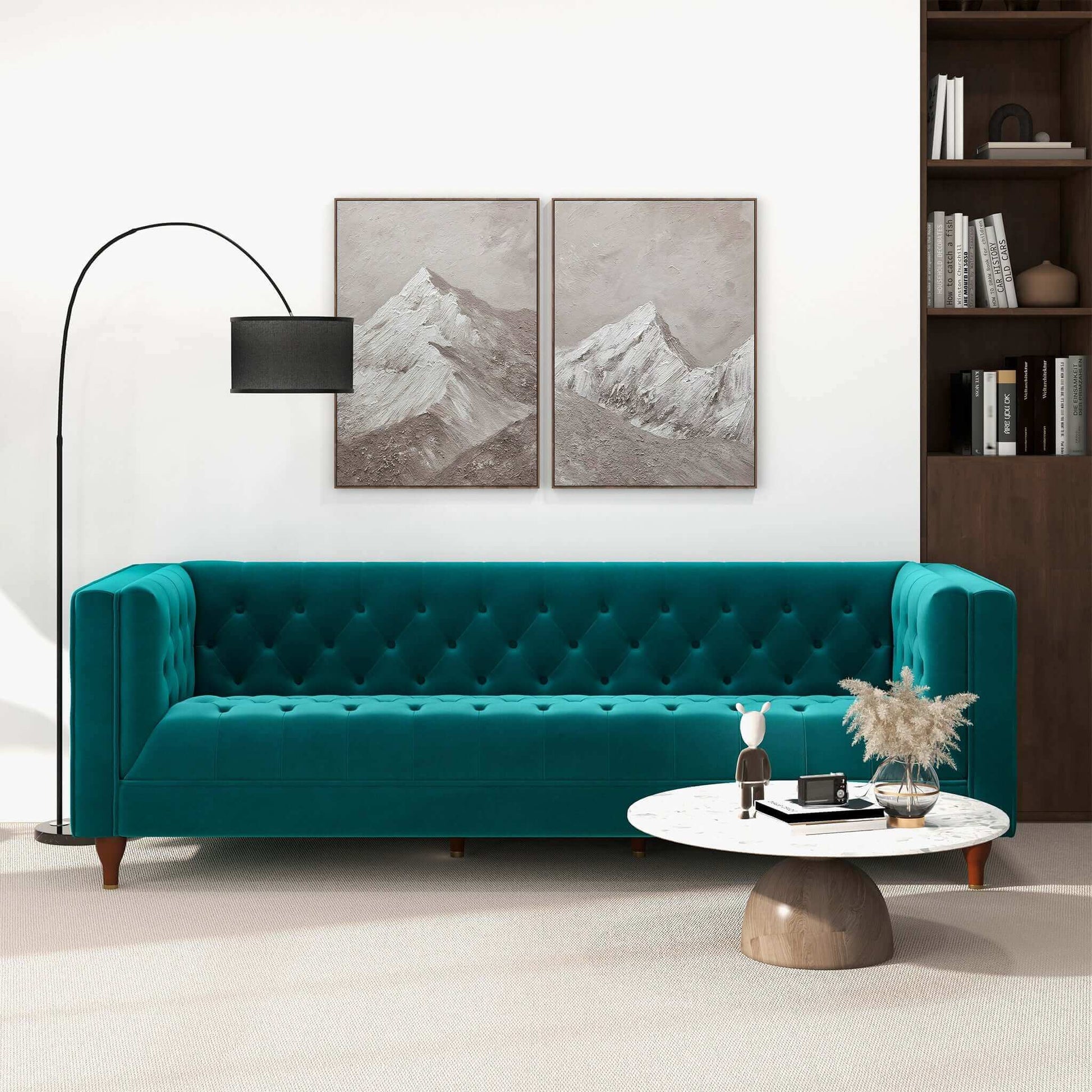 Evelyn Mid Century Modern Teal Velvet Luxury Chesterfield Sofa Teal Brown Velvet Wood Primary Living Space Tufted Back Mid Century Modern Engineered Hardwood Foam Solid Wood,Velvet 3 Seat