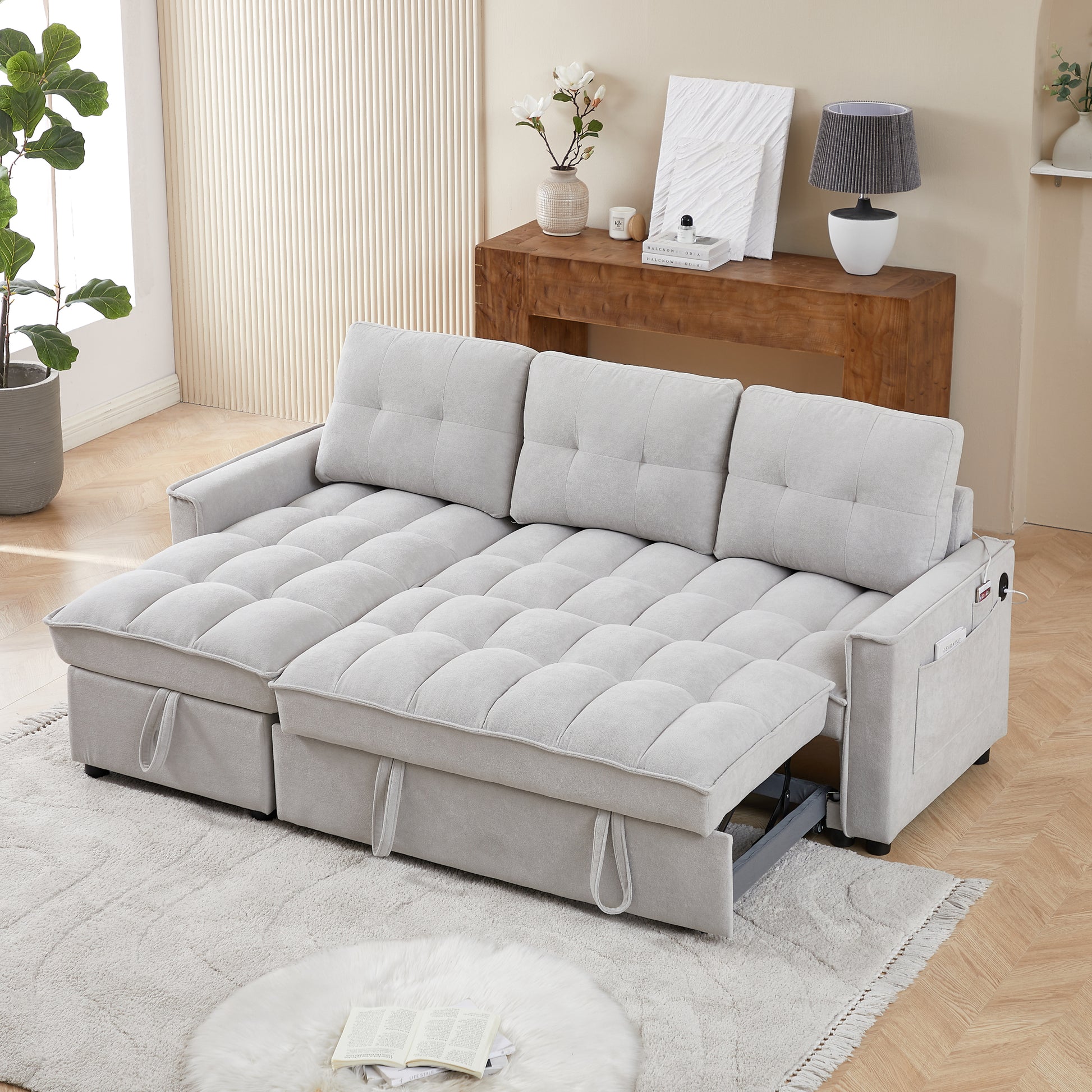 Mh 78.75" Reclining Sofa, Pull Out Sofa Bed With Usb And Tape C Charging Ports, L Shaped Sectional Sofa With Reclining Storage And Arm Side Organizer Pocket Features, Living Room Comfort Sofa Light Grey Chenille Wood Primary Living Space Eucalyptus Foam