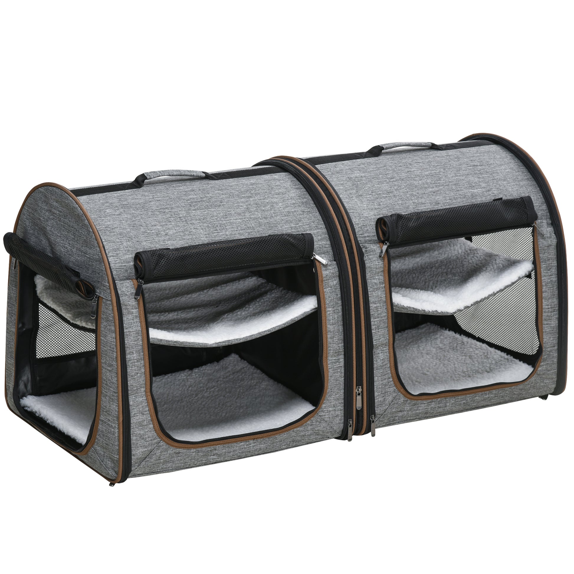 Pawhut 39" Portable Soft Sided Pet Cat Carrier With Divider, Two Compartments, Soft Cushions, & Storage Bag, Grey Gray Polyester