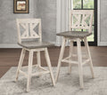 Pub Height Chairs Set Of 2, Distressed Gray And White 360 Degree Swivel Chair Solid Rubberwood Furniture, Divided X Back Bar Chairs White Gray Dining Room Rustic Solid Wood