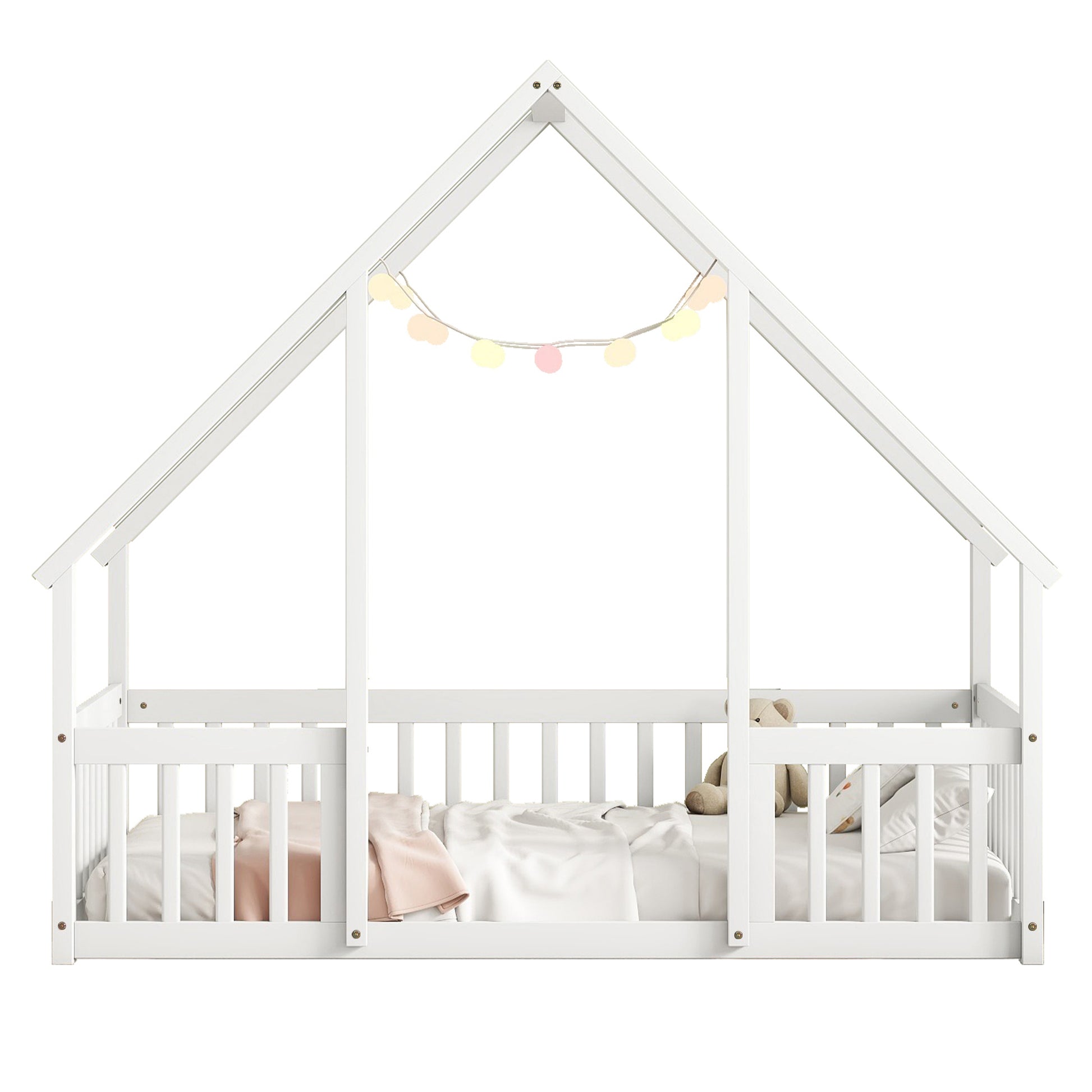 Twin Wood House Shaped Floor Bed With Fence, Guardrails ,White Twin White American Design Pine