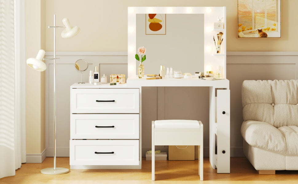 55.2" Vanity Desk With Freely Adjustable Side Cabinet, Makeup Vanity With Hollywood Lights, 5 Storage Drawers & 2 Shelves, Modern Dressing Table, White White Mdf,Tempered Glass