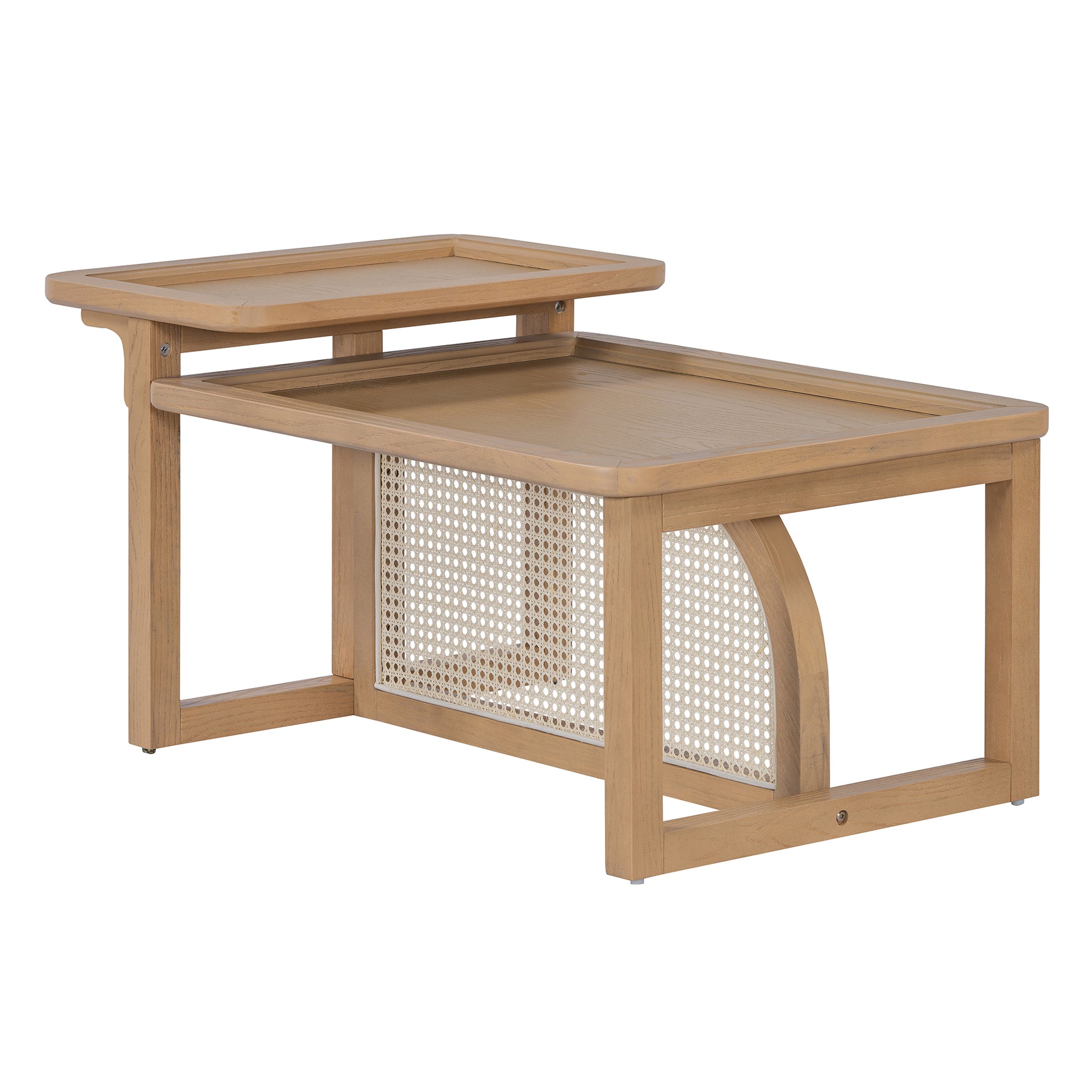 Modern 2 Piece Nesting Rattan Wood Mdf Coffee Table Set In Natural Natural Rubber Wood