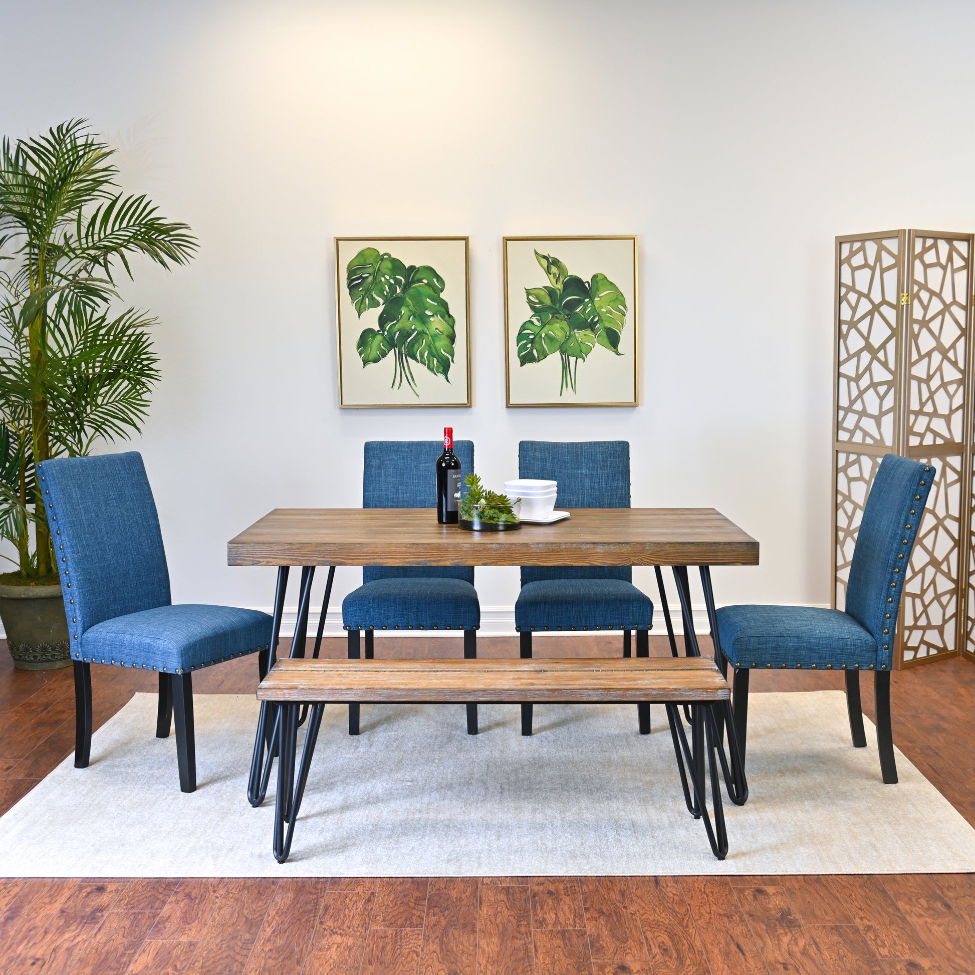 Amisos 6 Piece Dining Set, Hairpin Dining Table With 4 Chairs And A Wood Bench, 3 Color Options Wood Brown Seats 6 Brown Metal Dining Room Fixed Table Rubberwood Rectangular 4 Leg Rectangular Dining Table With Chair And Bench Mdf