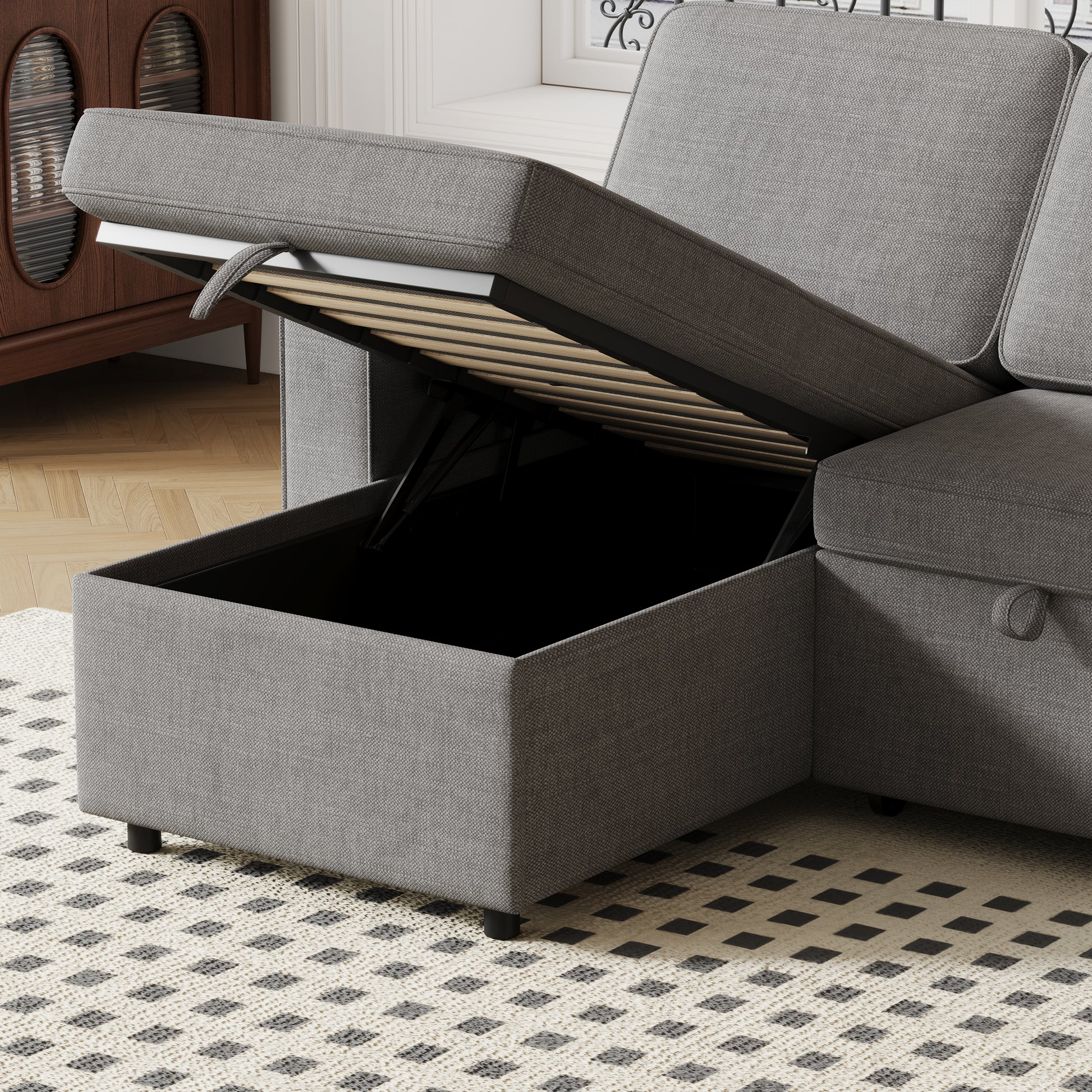85.8" Pull Out Sleeper Sofa L Shaped Couch Convertible Sofa Bed With Storage Chaise And Storage Racks,With Usb Port And T Pyce Port Dark Grey Fabric 3 Seat