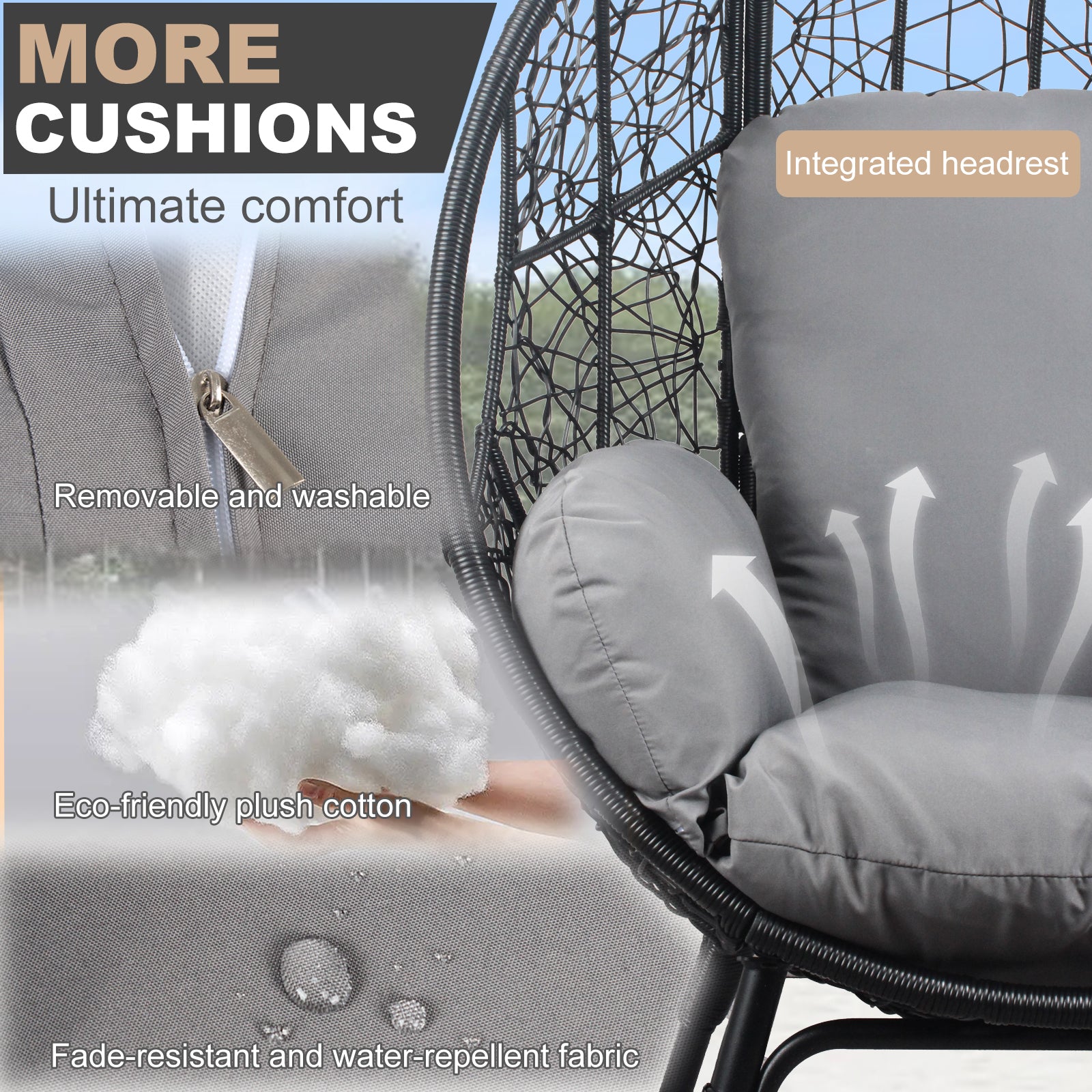 3 Pieces Patio Egg Chairs Model 3 With Side Table Set,Black Color Pe Rattan And Grey Cushion Yes Black Foam Steel