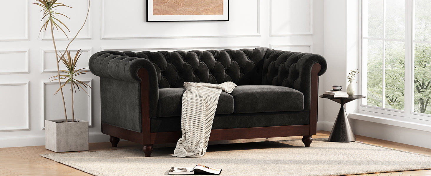 Vivalux 59.44" Chesterfield Velvet Loveseat Sofa,2 Person Rolled Arm Dutch Plush Upholstered Sofa Couch With Tufted Button For Living Room, Bedroom, Small Places,Black Black Espresso Velvet Wood Primary Living Space Soft Tufted Back Casual,Classic Pine