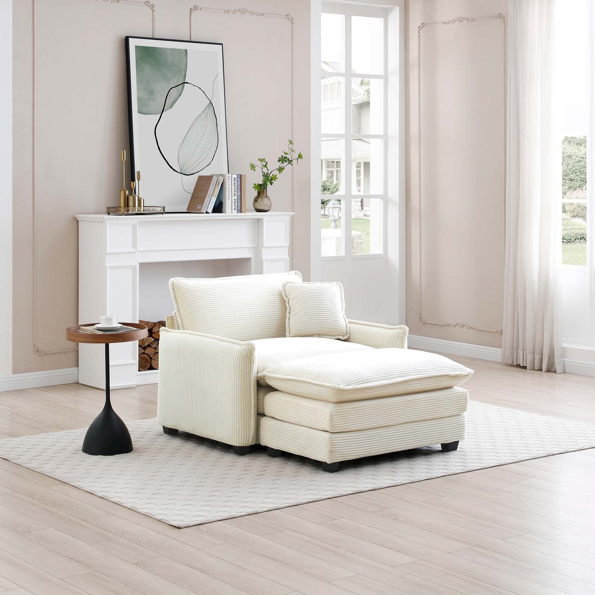 Single Deep Seat Sofa With Footstool With One Pillow, Suitable For Living Room And Bedroom, Club Multiple Occasions,White Corduroy White Corduroy 1 Seat
