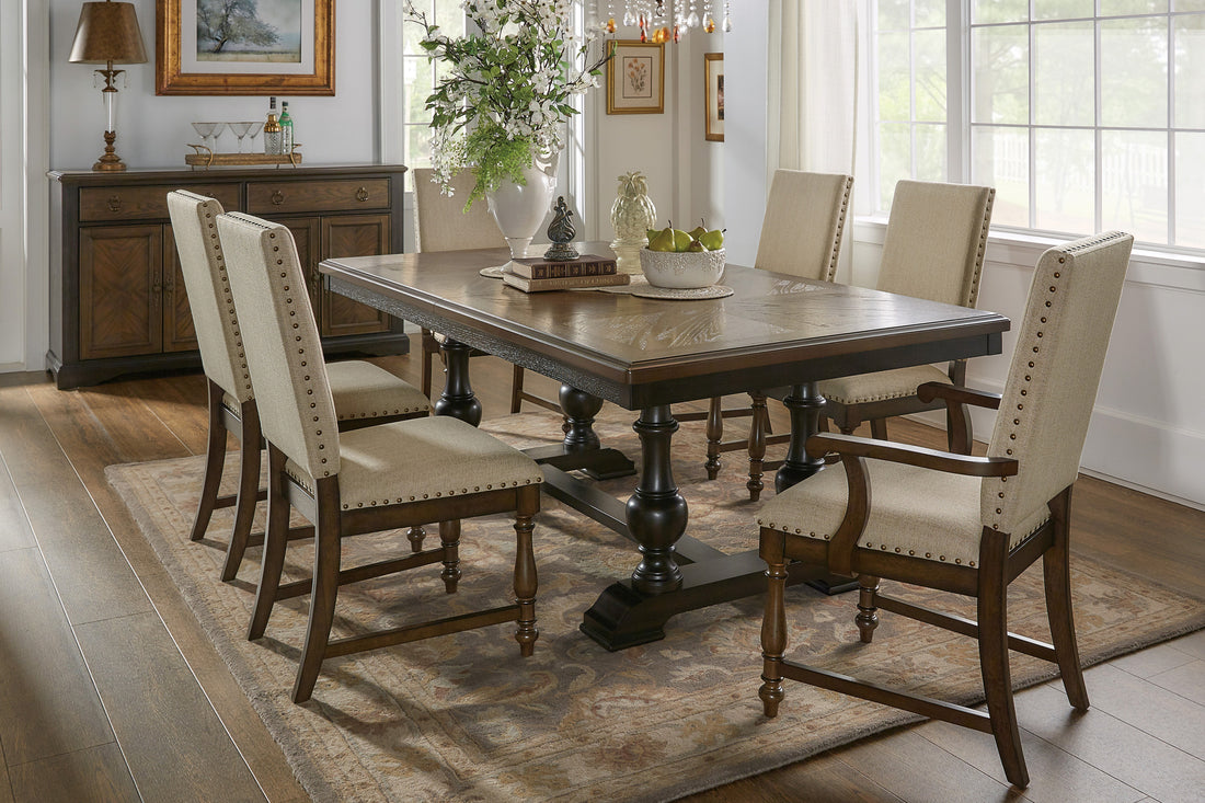 Traditional 7Pc Dining Set Table With Extension Leaf 2 Armchairs 4 Side Chairs Beige Fabric Upholstered Trim Brown Classic Dining Room Furniture Wood Wood Brown Mix Seats 6 Wood Dining Room Self Storing Leaf Extendable Traditional Trestle Rectangular