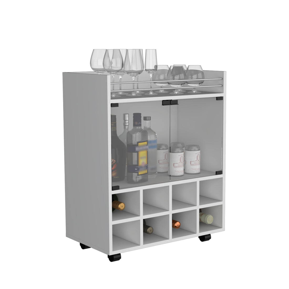 32" H White Bar Coffee Cart, Kitchen Or Living Room Cabinet Storage With 4 Wheels, With 8 Bottle Racks, A Central Shelf Covered By 1 Glass Door, Ideal For Storing Glasses And Snacks White Particle Board Particle Board