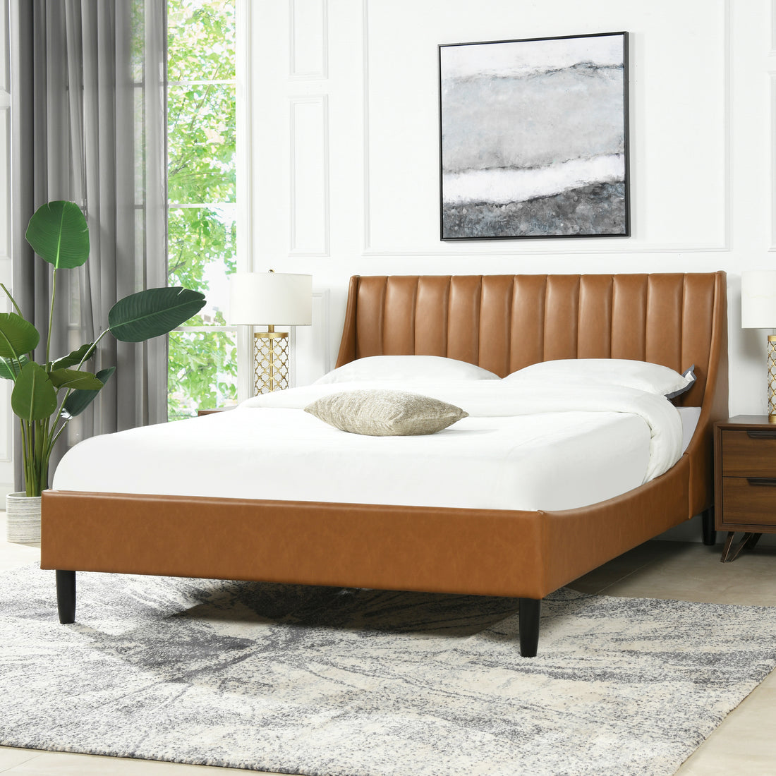 Aspen Vertical Tufted Modern Headboard Platform Bed Set, Queen, Caramel Tan Brown Faux Leather Box Spring Not Required Queen Tan Brown Wood Foam Faux Leather Faux Leather