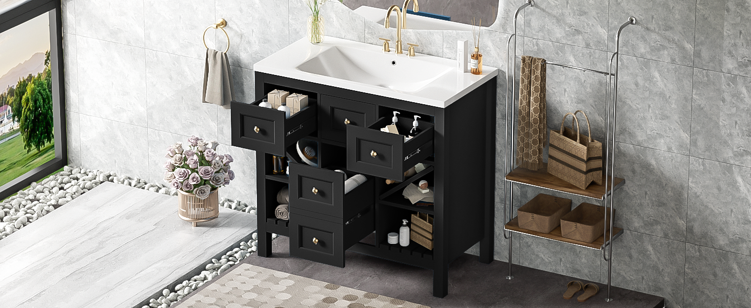 36'' Bathroom Vanity With Resin Sink Combo, Solid Wood Frame Bathroom Storage Cabinet, Freestanding Vanity Set With 5 Drawers& Soft Closing Doors Same As Sw000141Aab Black Bathroom Solid Wood Mdf Resin