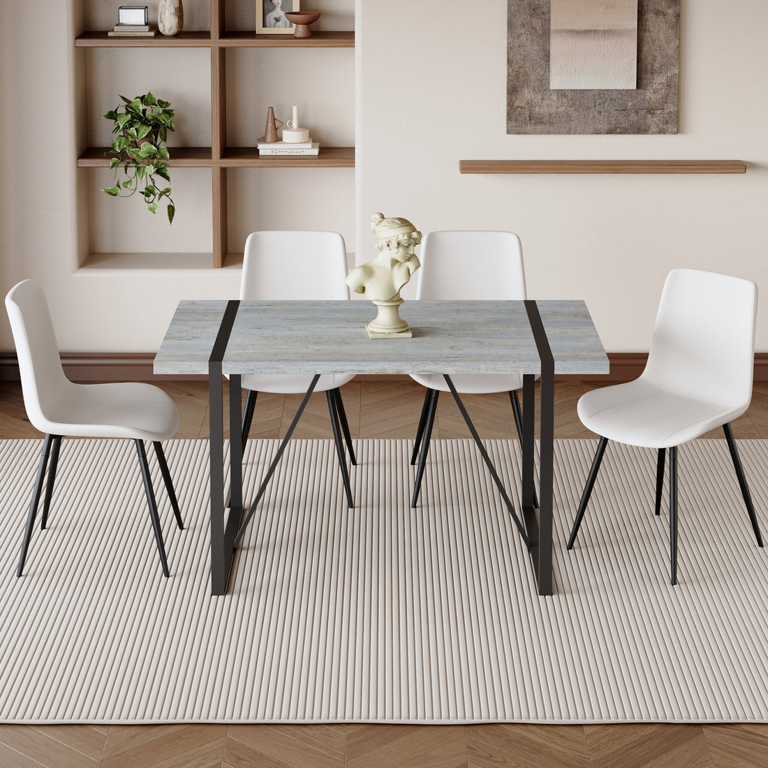 Table And Chair Set. Modern Minimalist Grey Marble Textured Mdf Dining Table With Metal Frame. Comes With Chairs With 4 Pu Cushions And Black Metal Legs. White Seats 4 Mdf Metal