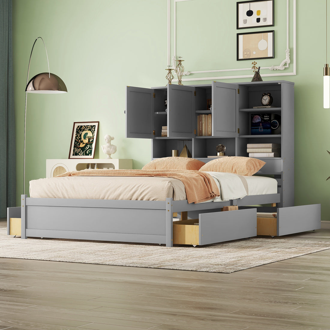 Queen Size Platform Bed With Storage Headboard And 4 Drawers, Gray Box Spring Not Required Queen Gray Wood Bedroom Bed Frame Solid Wood Mdf