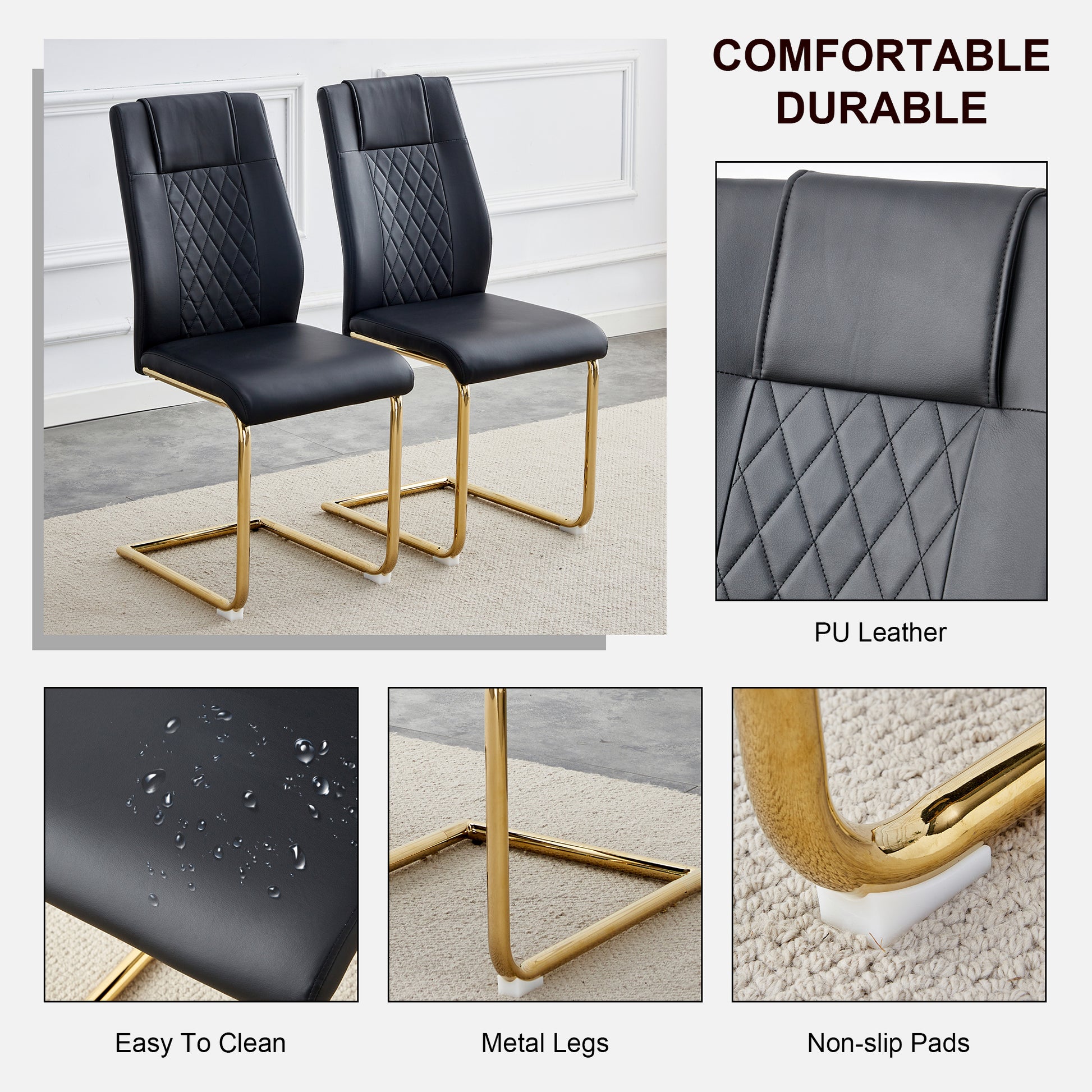 Table And Chair Set.Large Modern Rectangular Table With 0.4 Inch Patterned Glass Tabletop And Large Mdf Table Legs.Comes With 6 Chairs With Faux Leather Cushioned Seats And Golden Metal Legs. Gold White Seats 6 Mdf Glass