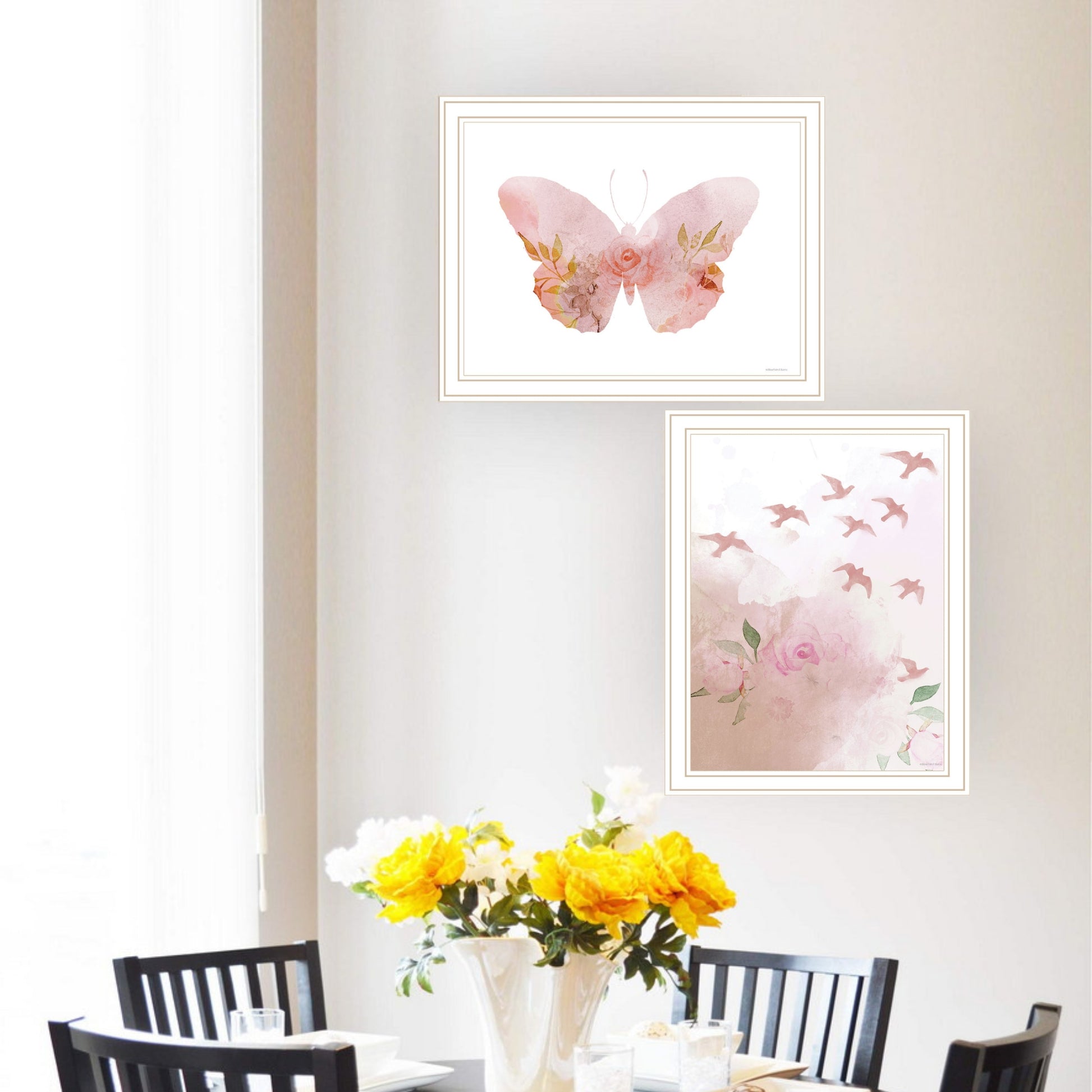 2 Piece Vignette Meadow Flora Birds And Butterflies Framed Wall Art For Living Room, Abstract Wall Art Print For Home Decor, Bedroom Wall Art By Bluebird Multicolor Wood Paper