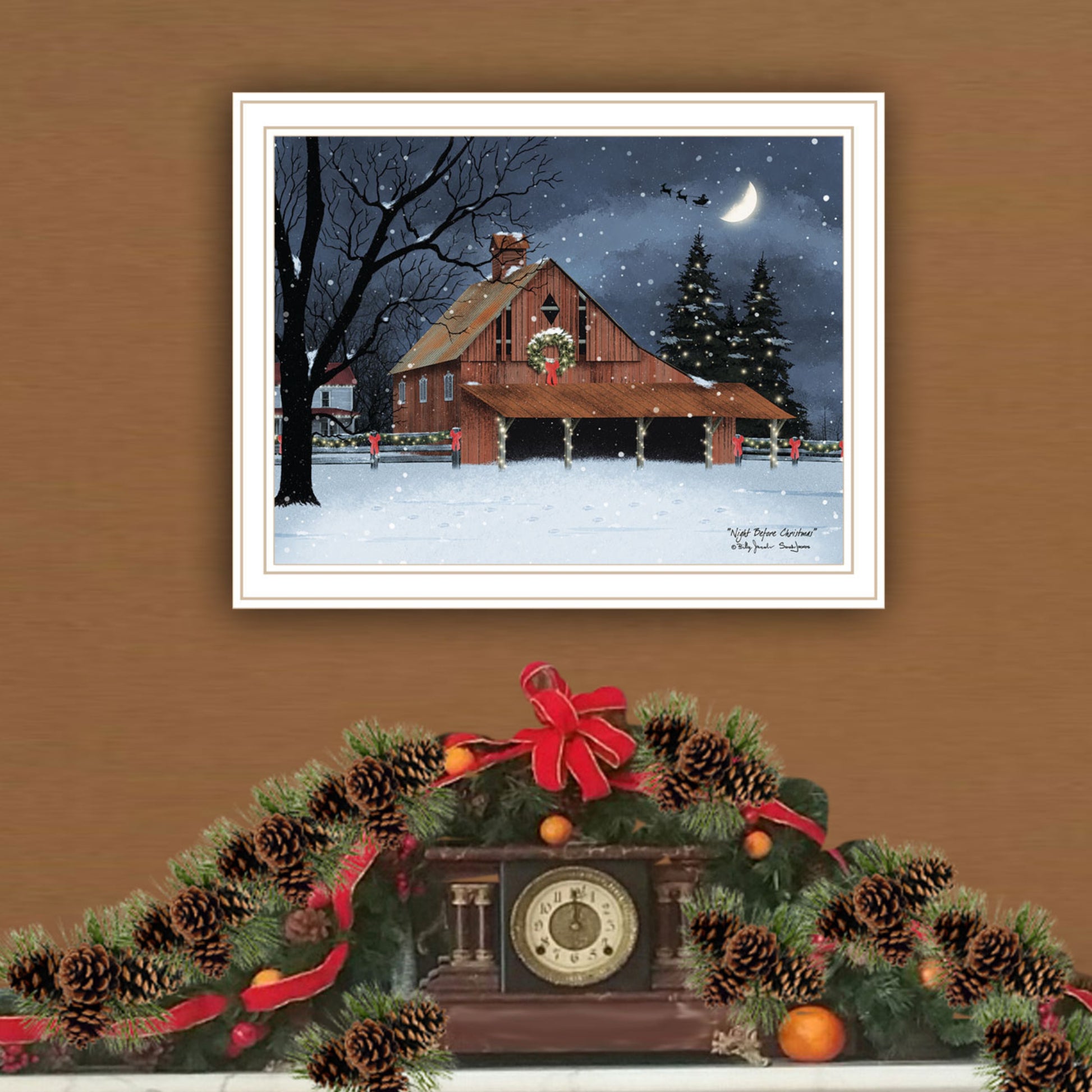 Night Before Christmas White Framed Wall Art For Living Room, Bedroom Wall Art Print For Home Decor By Billy Jacobs Multi Wood Paper